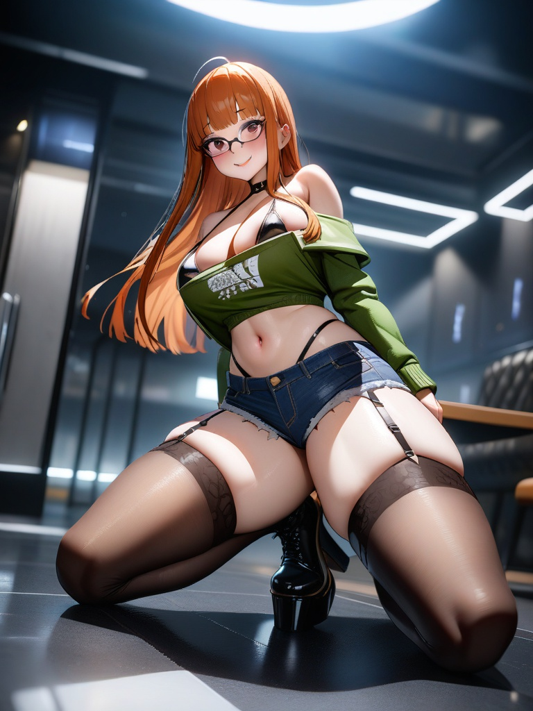 1girls ai_generated big_breasts jiuyang-hsien light-skinned_female long_hair orange_hair persona_5 sakura_futaba solo