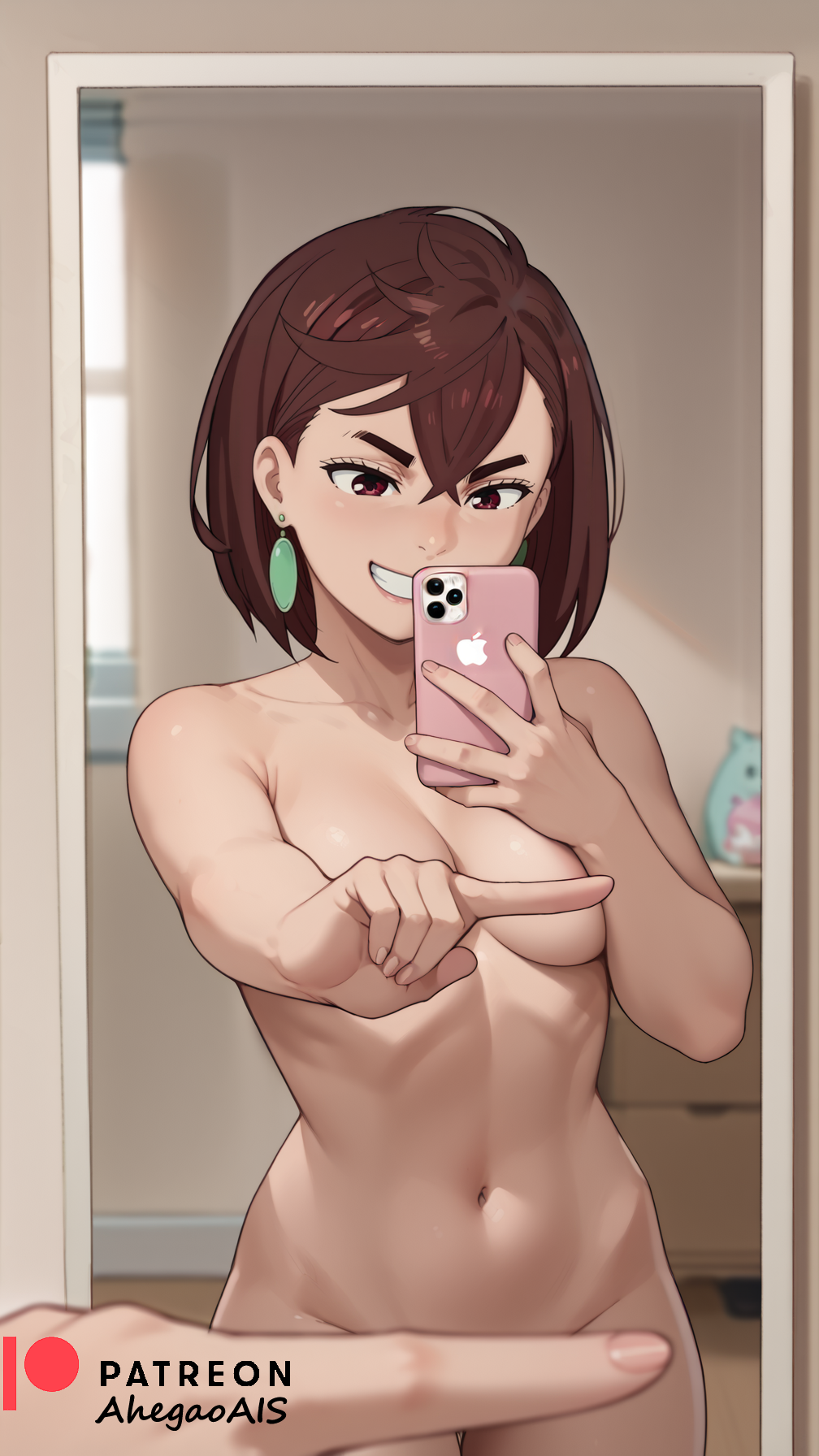 1girls ahegao_ai ai_generated ayase_momo covering covering_breasts covering_nipples covering_privates covering_pussy dandadan grin iphone mirror mirror_reflection mirror_selfie naked one_finger_selfie_challenge reflection selfie selfie_pose solo solo_female solo_focus