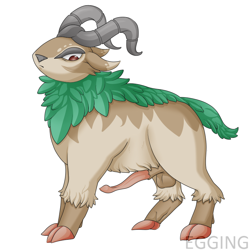 2015 animal_genitalia balls caprine egging_(artist) erection feral frown fur goat gogoat hooves horn leaves male male_only mammal nintendo penis pokemon red_eyes simple_background solo video_games