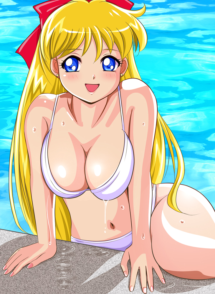 1990s_(style) 1girls aino_minako alluring bikini bishoujo_senshi_sailor_moon blush cleavage female_focus large_breasts navel pirochi pool retro_artstyle sailor_venus smile solo swimming_pool swimsuit water