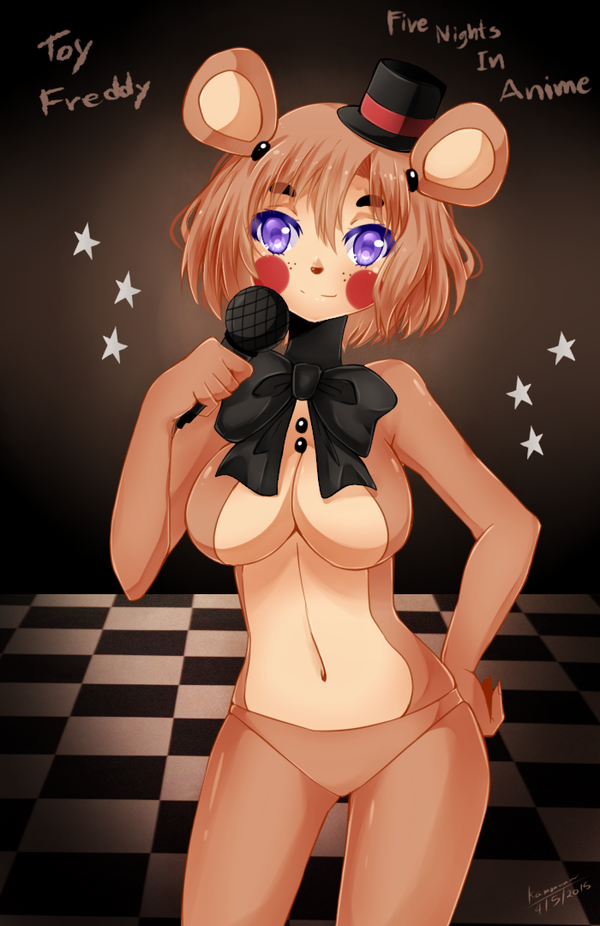 2015, animatronic, anthro, bear, blush, bow tie, breasts, brown fur, brown hair, brown panties, female, female only, five nights at freddy's, five nights at freddy's 2, five nights in anime, five nights in anime 2, fnia, freddy (fnaf), freddy (fnia), large breasts, looking at viewer, microphone, navel, panties, plaidaowandpencil, purple eyes, rule 63, scottgames, short hair, smile, solo, standing, top hat, toy freddy (fnaf)