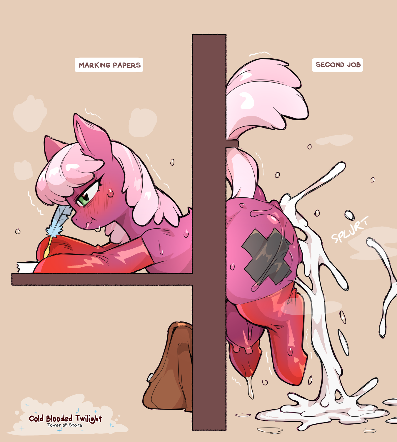after sex, artist name, big teats, blush, bodily fluids, cheerilee (mlp), clothed, clothed feral, clothing, cold-blooded-twilight, creamy cum, cum, earth pony, english text, equid, equine, eyelashes, female, feral, friendship is magic, fur, genital fluids, green eyes, hair, hasbro, hi res, horse, leaking cum, legwear, long hair, mammal, multicolored hair, my little pony, nipples, onomatopoeia, paper, pink hair, pink tail, pony, purple body, purple fur, pussy, solo, sound effects, stockings, sweat, tail, tape, teats, text, thick thighs, thigh highs, through wall, two-tone hair, two-tone tail, vaginal fluids