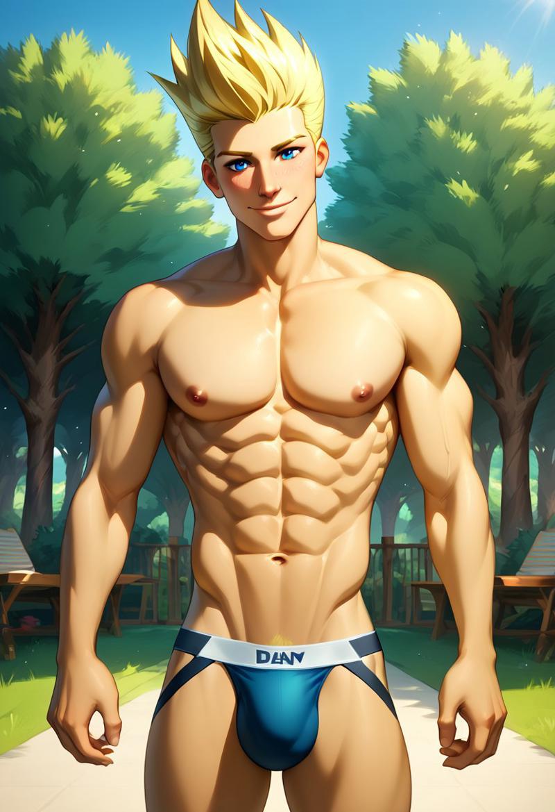 abs ai_generated biceps blonde_hair blue_eyes blush gay jockstrap jockstrap_only johnny_test johnny_test_(series) looking_at_viewer male male_only muscular muscular_male nipples pecs smile spiky_hair toned_body toned_male twall97