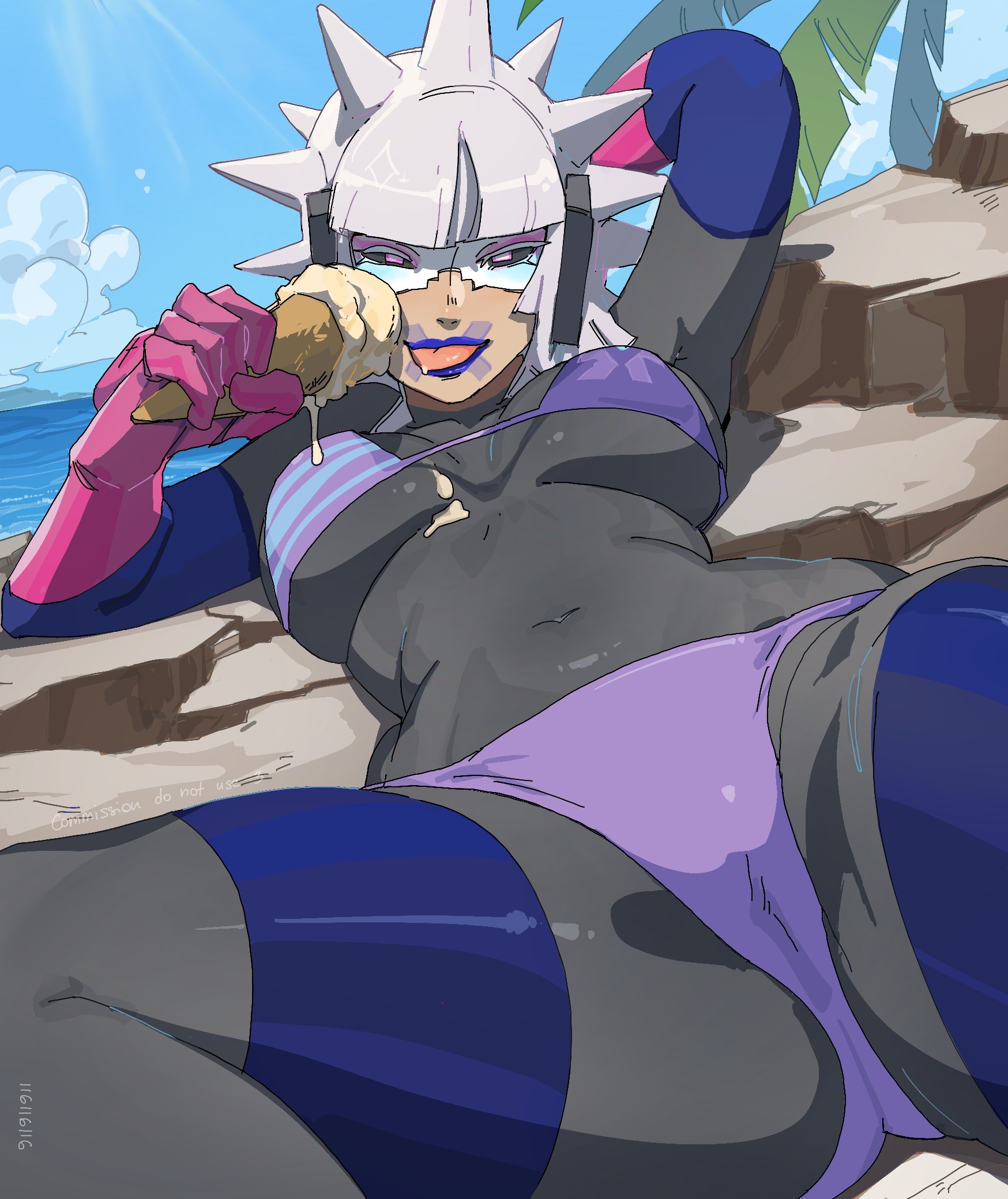 116116116, 2d, 2d (artwork), beach, beach background, bikini, bikini bottom, bikini top, ice cream, ice cream on breasts, laying down, laying on back, marathon (bungie), midriff, robot, robot girl, robot humanoid, stomach, tongue, tongue out, vandal (marathon), white hair