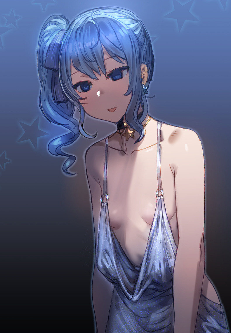 2020 :d azur_lane bare_arms bare_shoulders blue_background blue_eyes blue_hair bow_(bhp) breast_conscious breasts clothing cosplay dress earrings empty_eyes evening_gown eyebrows_visible_through_hair gradient_background hair_between_eyes highres hololive hololive_gen_0 hololive_japan hoshimachi_suisei humor jewelry leaning_forward long_hair matching_hair/eyes open_mouth oversized_clothes revealing_clothes sideboob silver_dress small_breasts smile spaghetti_strap st._louis_(azur_lane) st._louis_(luxurious_wheels)_(azur_lane) st._louis_(luxurious_wheels)_(azur_lane)_(cosplay) standing star starry_background tongue virtual_youtuber