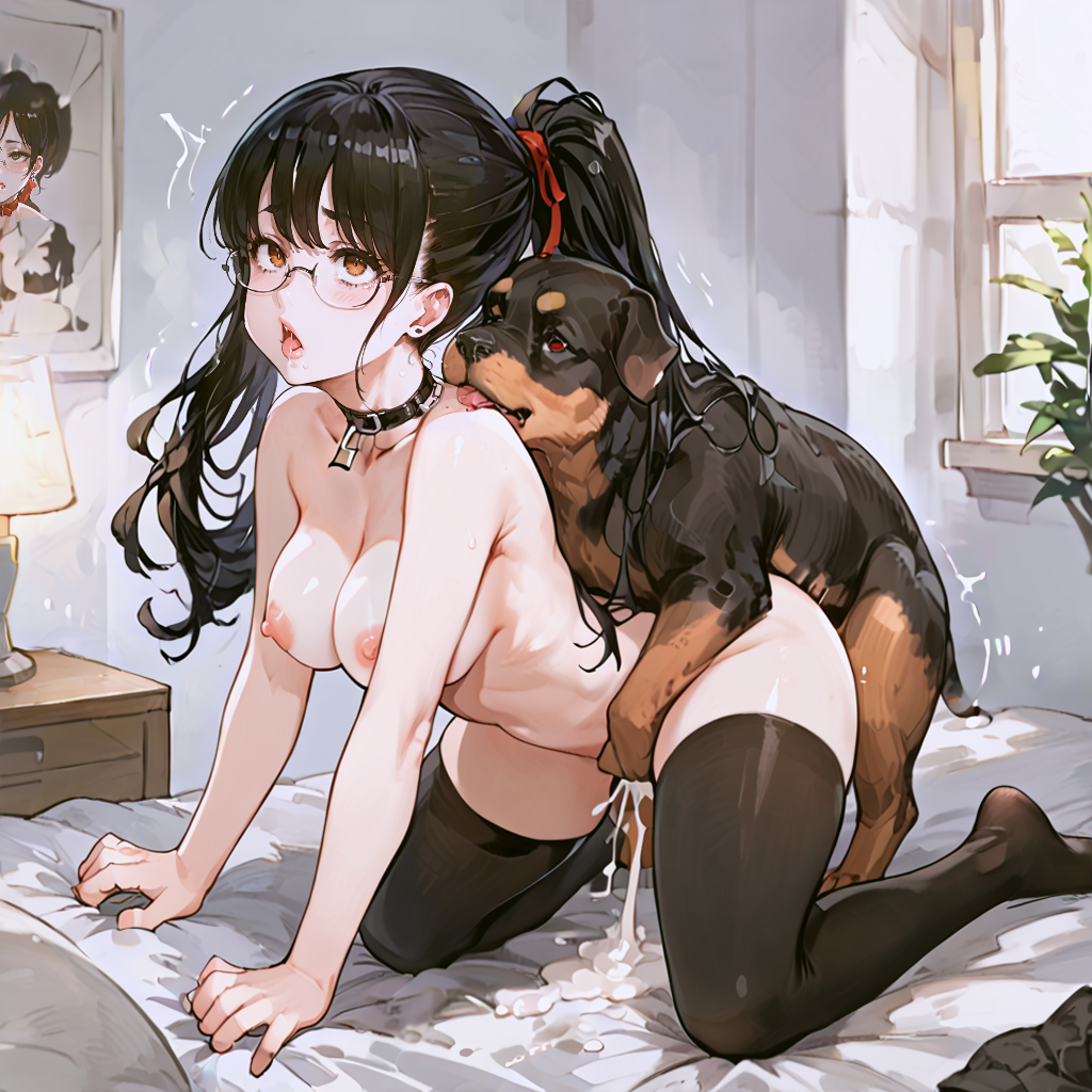 1dog 1girls ai_generated black_hair choker glasses lazor tagme zoophilia