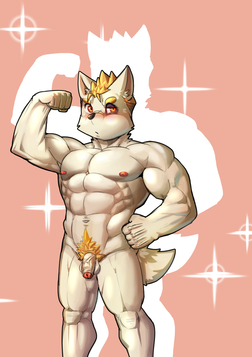 1boy abs anthro balls biceps big_muscles black_nose blonde_hair canine flaccid flexing fur hair hand_on_hip humanoid_penis husky_(artist) looking_at_viewer male male_only mammal muscular nipples nude orange_hair pecs penis pink_background pubes red_eyes simple_background solo standing tan_fur uncut vein veiny_penis white_fur white_sclera