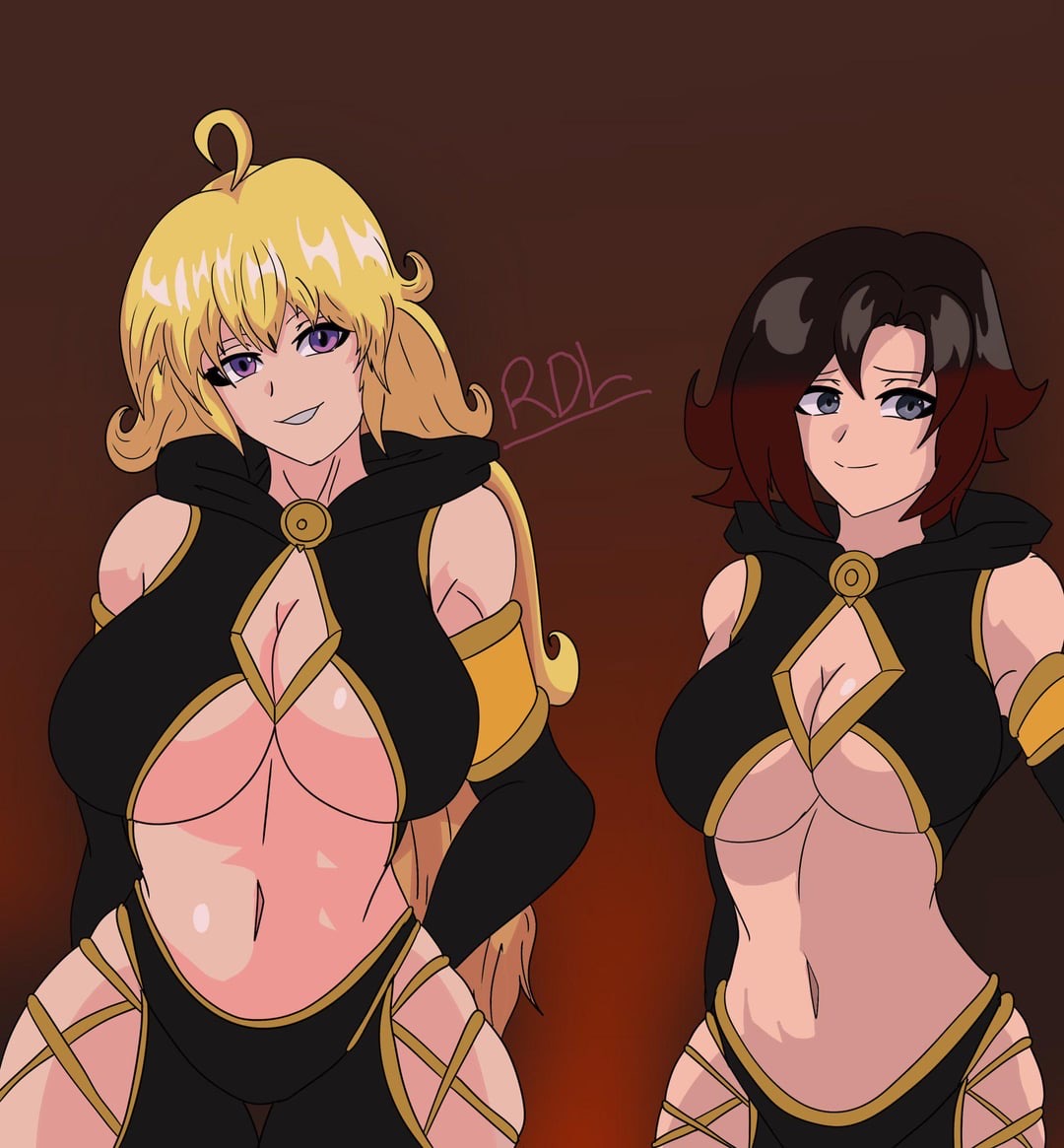 2girls black_hair black_hair_female blonde_female blonde_hair dress half-sisters long_hair long_hair_female purple_eyes rdl red_highlights reddragonlust ruby_rose rwby silver_eyes sisters underboob yang_xiao_long