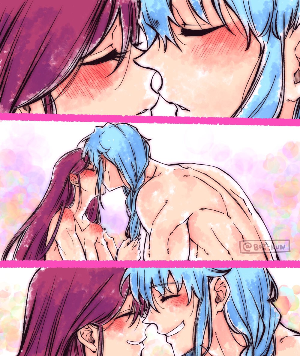 1boy 1girls 2d breasts female kissing male mui_(undead_unluck) naked nude rusky shen_(undead_unluck) tagme undead_unluck wholesome