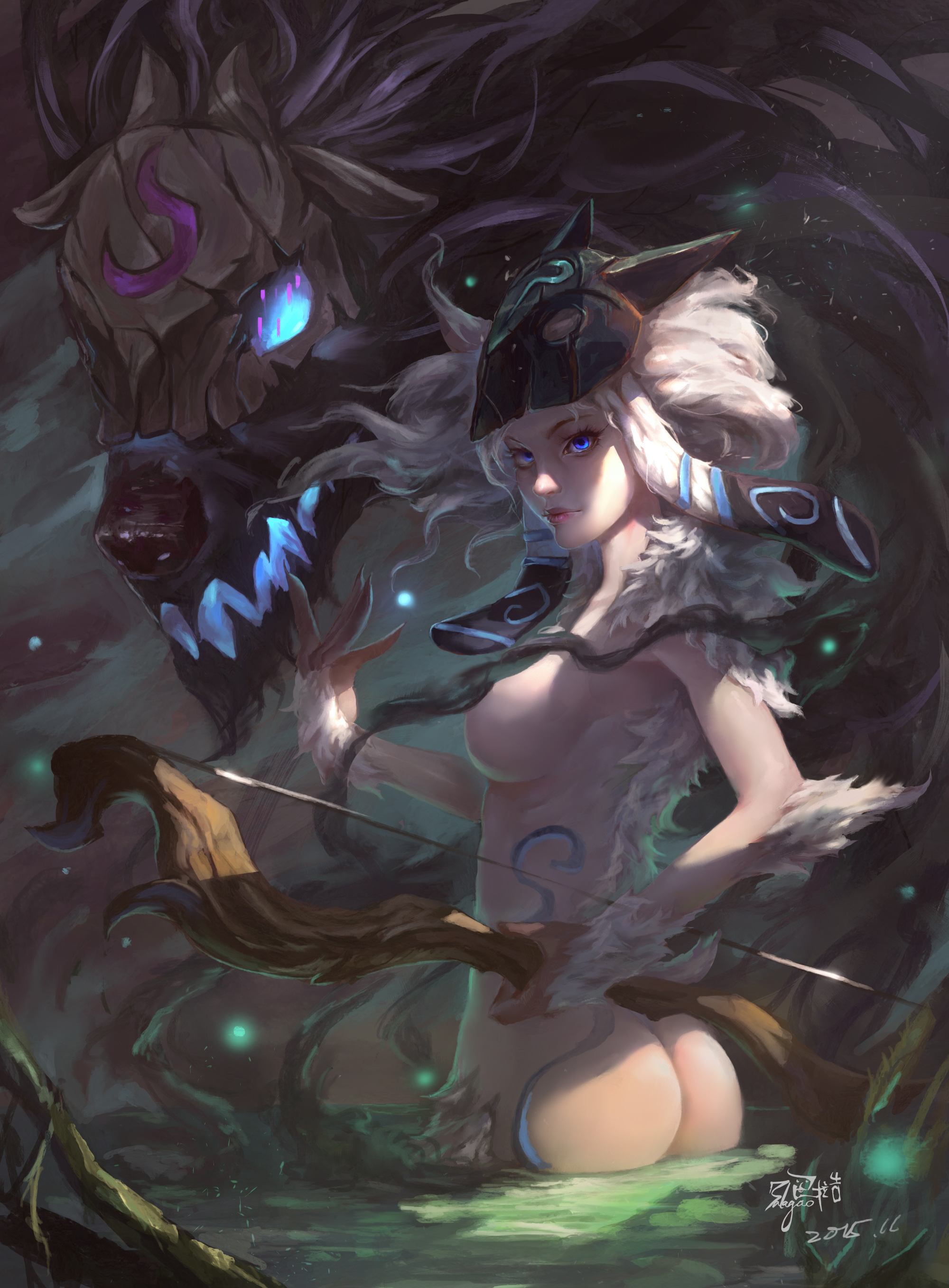 2015, ass, blue eyes, bow (weapon), breasts, convenient censoring, female, frown, fur, humanized, hung yan wu, kindred, lamb (league of legends), league of legends, long hair, looking at viewer, markings, mask, mask on head, nature, nude, outdoors, partially submerged, personification, riot games, sideboob, spirit, sunlight, water, weapon, white hair, wolf (league of legends)