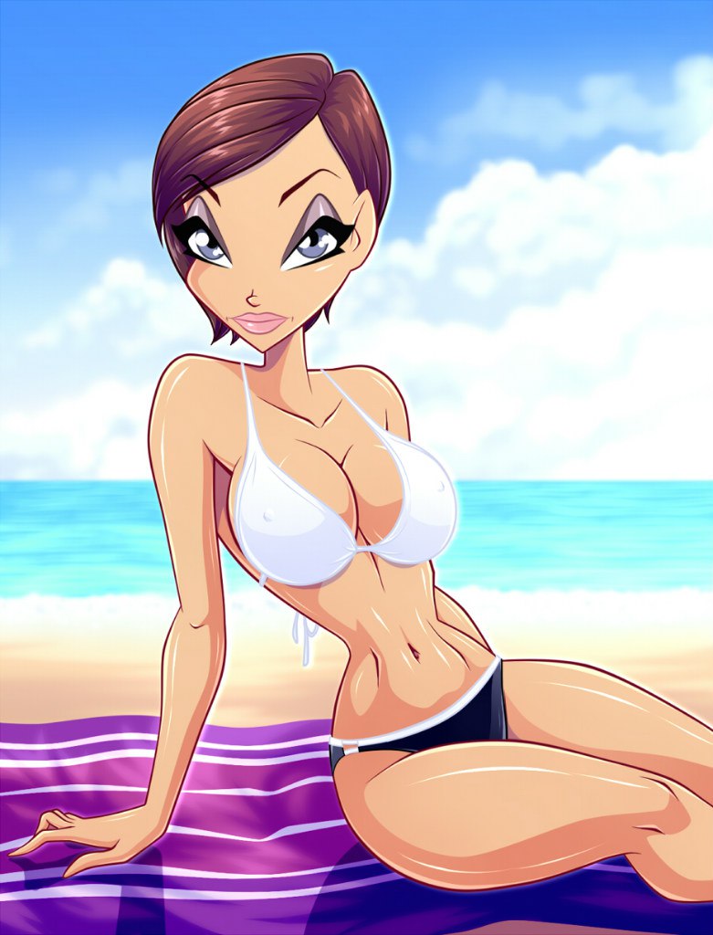 1girls, 4kids entertainment, beach, becca (winx club), belly, bikini, breasts, brown hair, busty, cleavage, covered nipples, erect nipples, eyeshadow, fan character, female, hourglass figure, large breasts, legs, lipstick, makeup, milf, navel, nickelodeon, nipples, rainbow (animation studio), short hair, solo, tagme, thighs, voluptuous, winx club, zfive