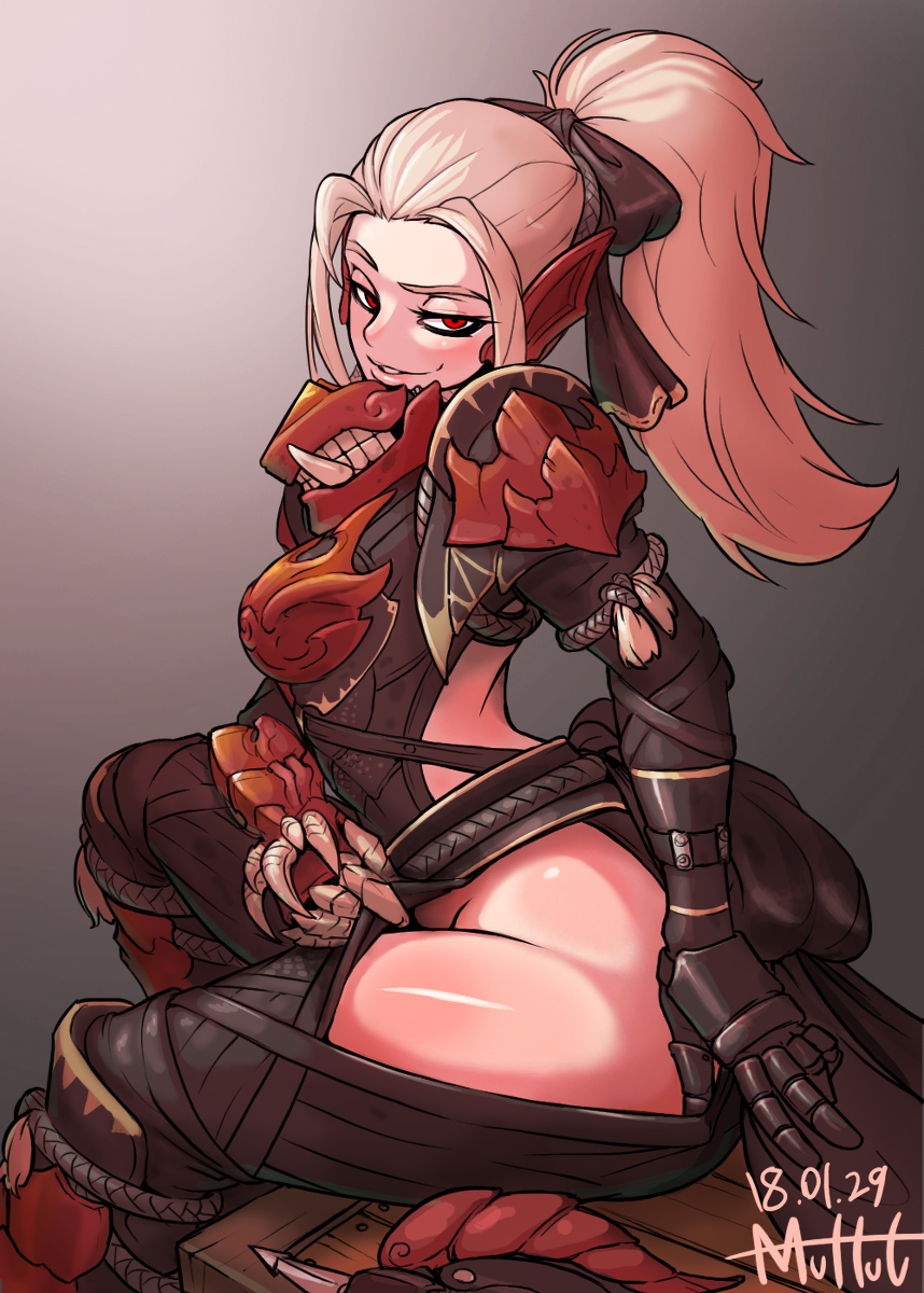 1girls armor breasts female female_focus female_only hip_vent looking_at_viewer monster_hunter monster_hunter_world muhut odogaron_(armor) ponytail seductive seductive_smile