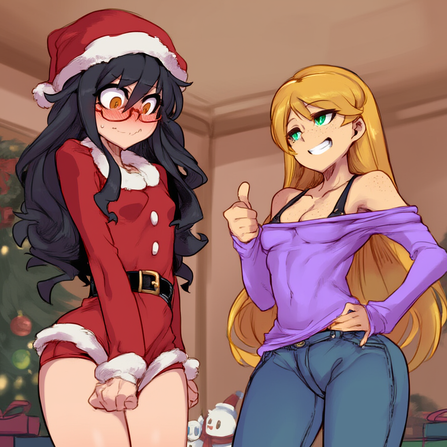 1girl1futa ai_generated ambiguous_gender christmas_outfit hiding_erection parahumans short_skirt tattletale_(worm) taylor_hebert theshadowmind thumbs_up wildbow