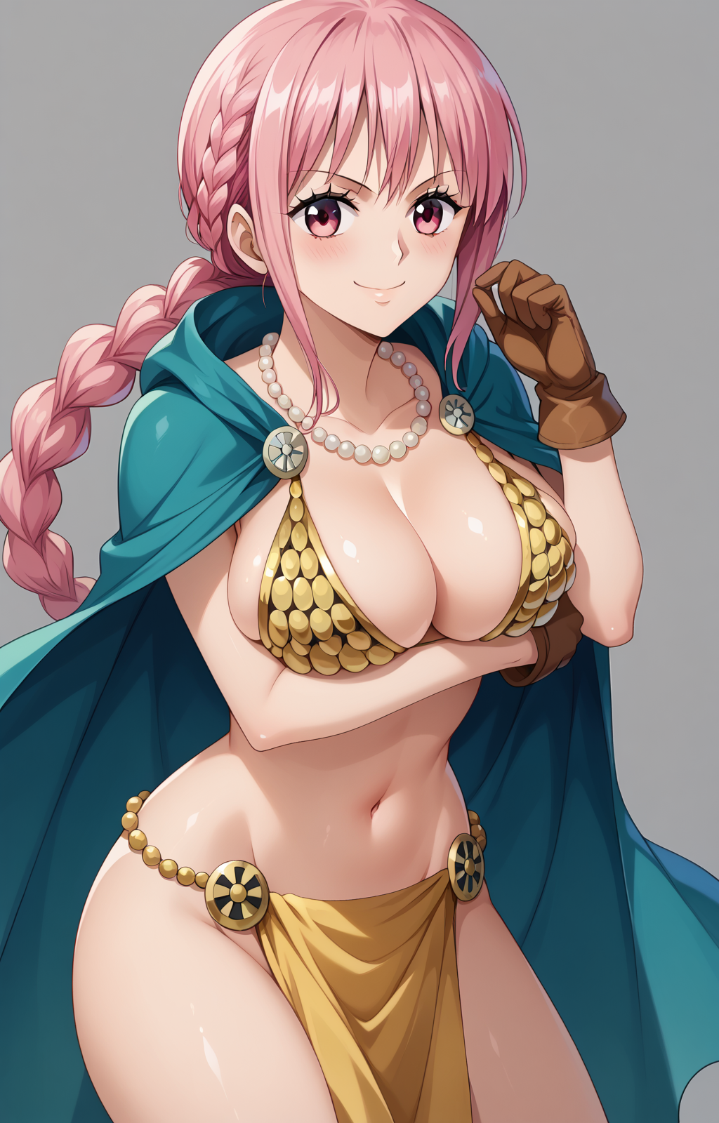 1girls ai_generated big_breasts bikini bikini_top blue_eyes braid braided_hair cleavage cloak collarbone female female_focus female_only gloves gold_bikini green_cape large_breasts light-skinned_female light_skin loincloth necklace one_ai_art one_piece open_mouth pearl_necklace pelvic_curtain rebecca_(one_piece) shonen_jump single_braid smile solo solo_female solo_focus