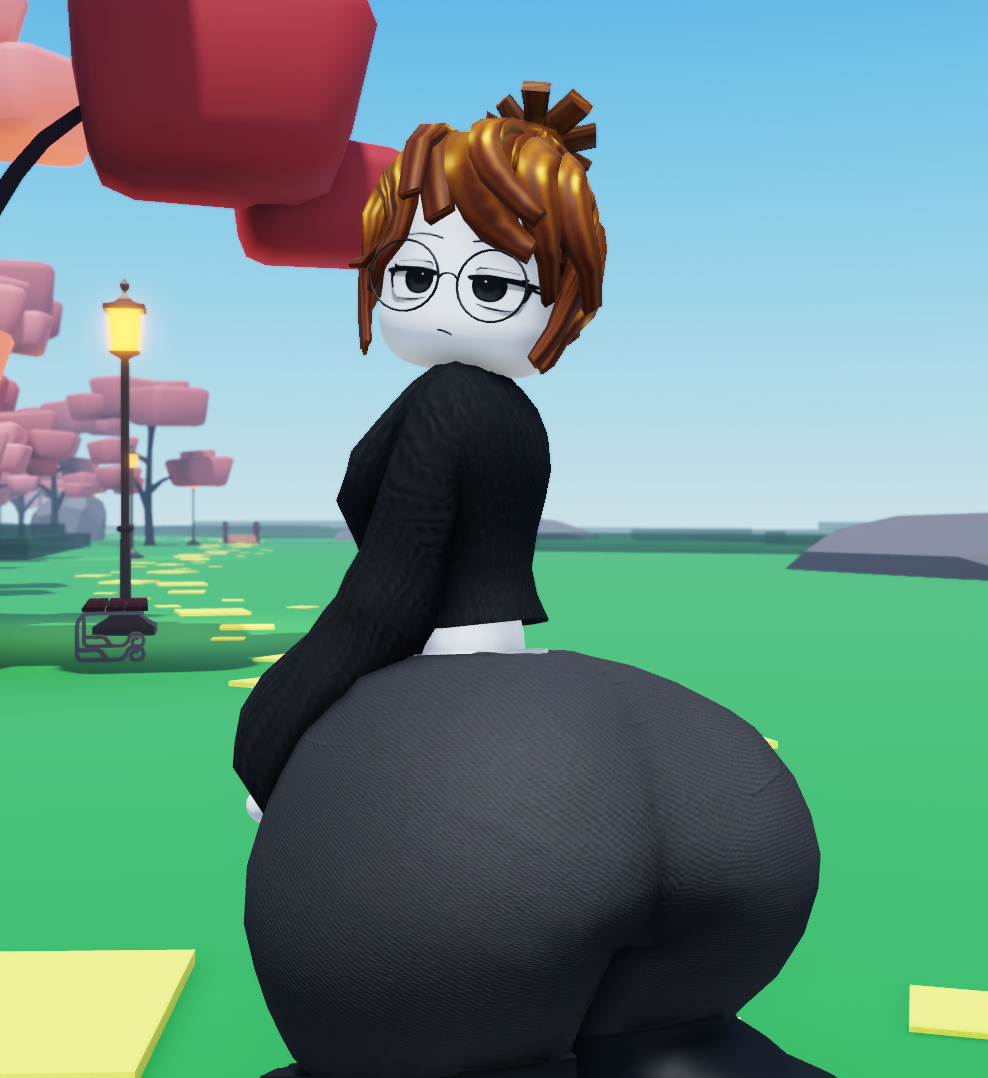 3d 3d_(artwork) acorn_hair ass_focus backboob black_legwear deviantart_link dumptruck_ass giant_ass glasses god_damn gyatt holy_fuck_i&#039;m_cumming hot_as_fuck huge_ass looking_back_at_viewer not_caring roblox roblox_background robloxian thick_ass trippinguy