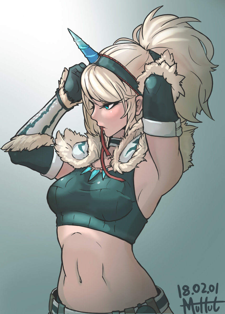 armor, breasts, female, horn, hunter (monster hunter), kirin (armor), monster hunter, monster hunter world, muhut, ponytail