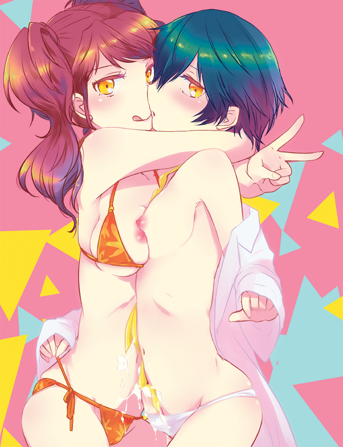 2girls :q balls banana bikini bikini_bottom bikini_top blush bottomwear breasts clothing earrings futanari green_hair hair human intersex jewelry kujikawa_rise labcoat long_hair multiple_girls navel nipples outerwear panties penis penis_in_panties persona persona_4 red_hair shadow_(persona) shadow_naoto shadow_rise shadow_self_(persona) shinocco shirogane_naoto short_hair side-tie_bikini small_breasts suggestive_fluid swimsuit swimwear testicles tied_hair tongue tongue_out topwear twintails underwear v yellow_eyes