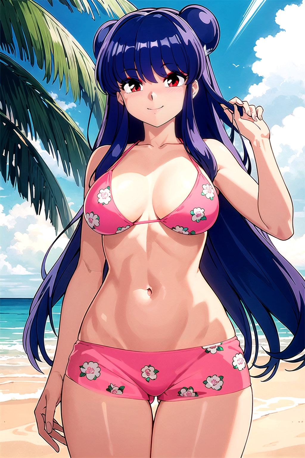 1girl ai_generated ass_visible_through_thighs beach bikini bikini_shorts blue_sky blush breasts cleavage closed_mouth cloud collarbone cowboy_shot day double_bun female floral_print hair_bun large_breasts long_hair looking_at_viewer navel ocean outdoors palm_tree pink_bikini pink_shorts pixiv print_bikini purple_hair ranma_1/2 red_eyes rena_aikawa_(pixiv_user) shampoo_(ranma_1/2) short_shorts shorts sidelocks sky smile solo stable_diffusion standing stomach swimsuit tagme thigh_gap tree water