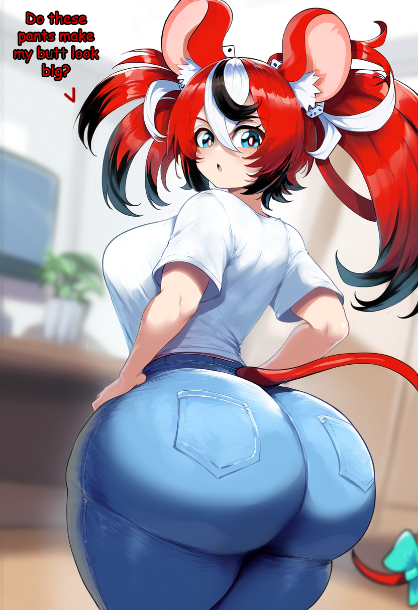 ai_generated ameanon ass big_ass big_breasts breasts denim hakos_baelz hololive hololive_english hololive_english_-council- hololive_english_-promise- huge_ass jeans large_ass mouse_ears mouse_girl mouse_tail pants rat_tail red_hair t-shirt thick_thighs virtual_youtuber vtuber