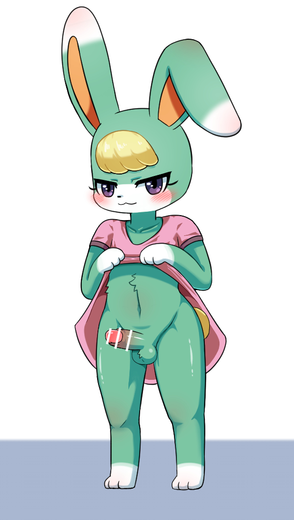 1boy :3 animal_crossing anthro balls bar_censor bent_elbows biped blonde_hair blush bunny bunny_boy bunny_ears censored_penis erection front_view furry gray_floor green_body green_ears green_fur green_penis looking_at_viewer male_only mammal mammal_humanoid penis penis_focus pink_clothing purple_eyes rabbit red_penis_tip sasha_(animal_crossing) simple_background smile solo standing sum white_background white_ear_tips white_paws