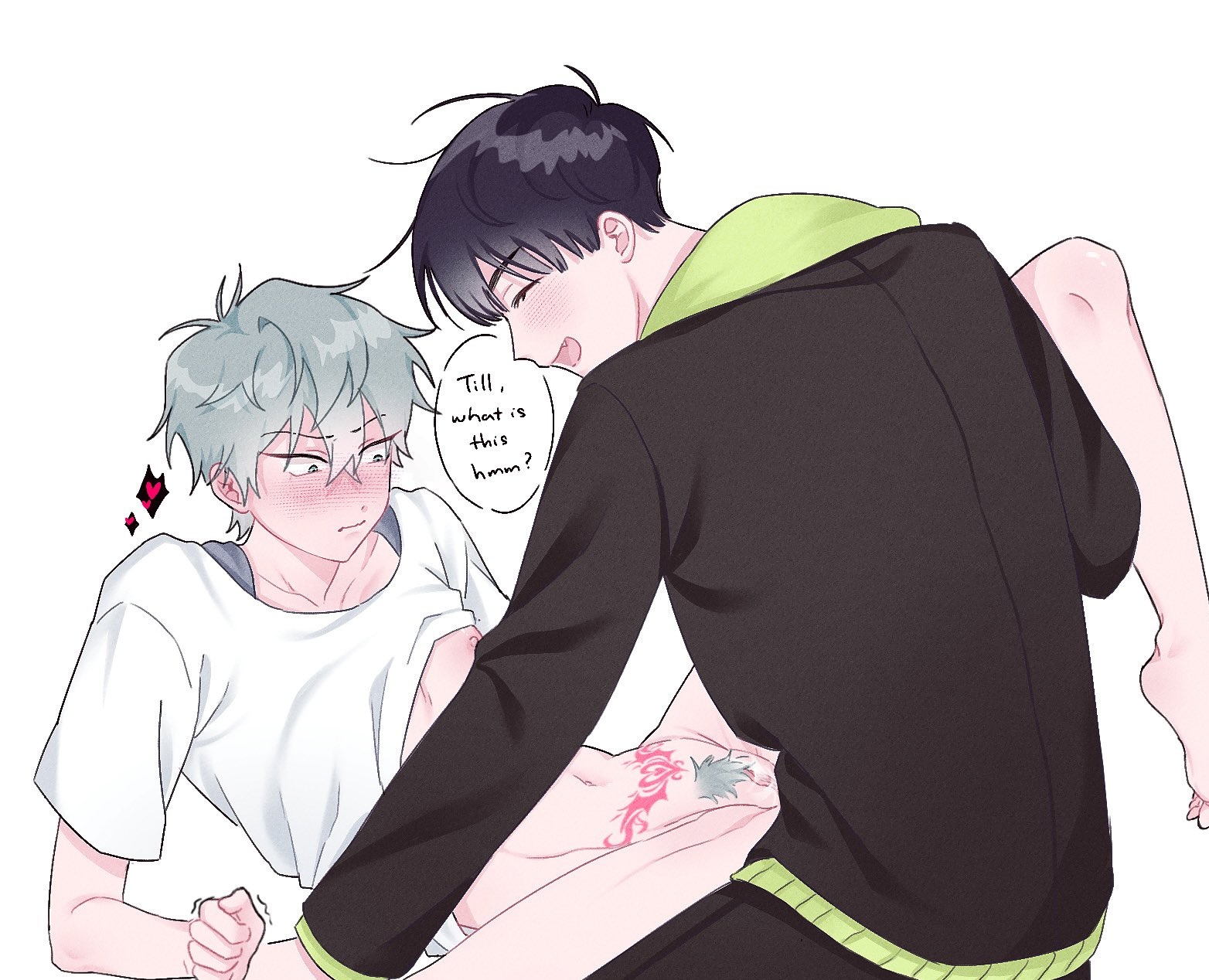 alien stage, black hair, blush, clothes, cuntboy, gay, grey hair, intersex, ivan (alien stage), leg grab, leg up, male, pubic hair, pubic tattoo, pussy, pussy hair, pussy juice, shirt lift, till (alien stage), vagina, yaoi