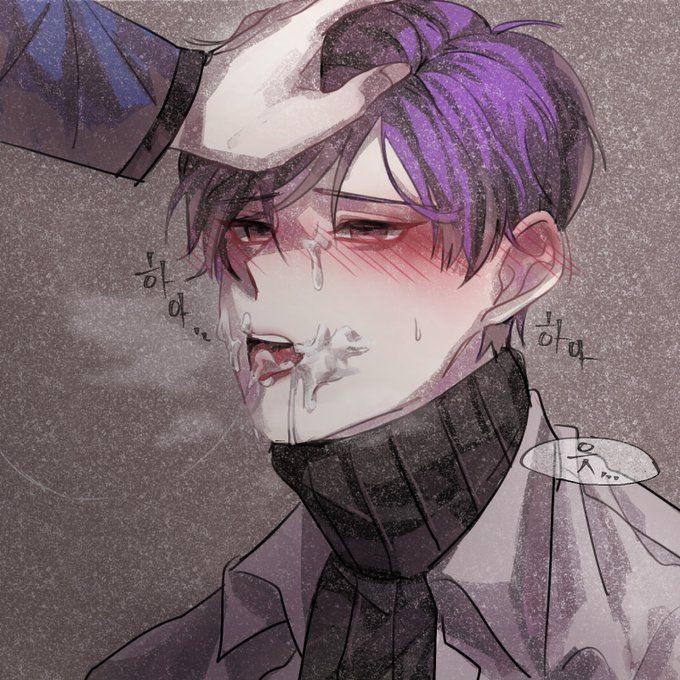 2boys blush chesed clothed_sex cum cum_in_mouth cum_on_face cum_string facial fellatio hair_pull head_grab lobotomy_corporation male_only open_mouth project_moon purple_hair turtleneck yellow_eyes yesod