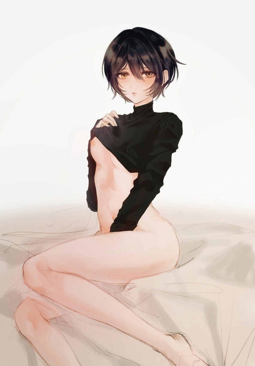 blush breasts d4dj exposed_breasts feet giraffe_three miyake_aoi mostly_nude on_bed shirt sweatdrop