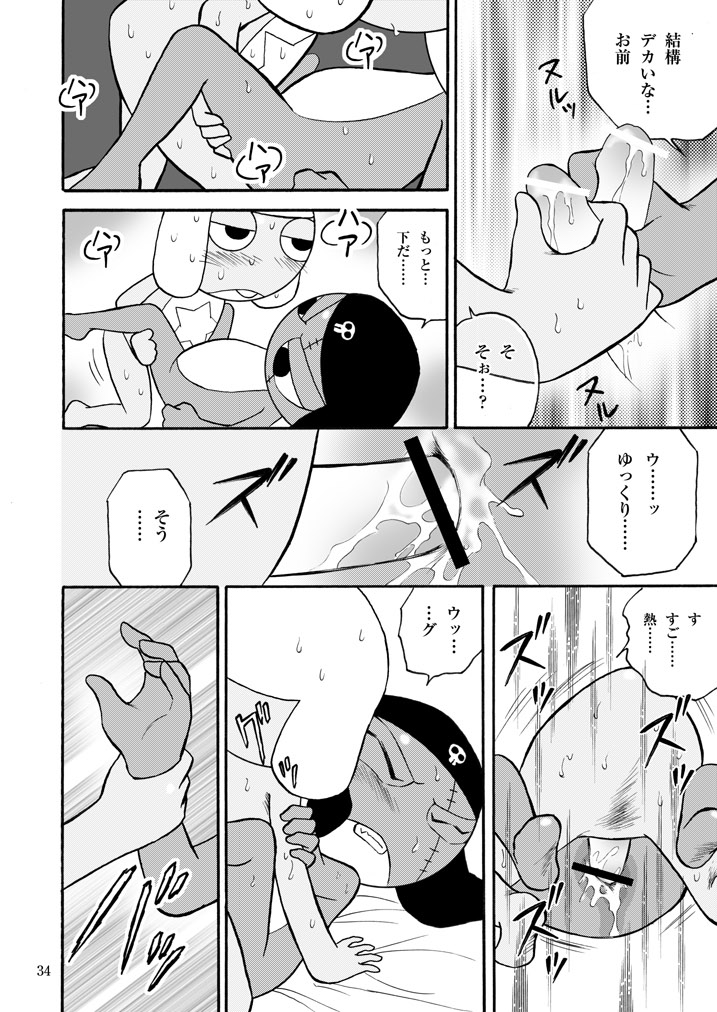 anal anal_sex before_sex belt belt_buckle black_eyes blush blush_lines closed_eyes closed_mouth comic comic_page comic_panel french_kiss french_kissing gay giroro hard_sex holding_penis japanese_dialogue japanese_text keroro keroro_gunsou kissing motion_lines nervous nervous_sweat non-human non-human_only open_mouth pinned_down pinned_to_bed rough_sex sharp_fangs sharp_teeth sweat sweatdrop sweating sweaty talking talking_to_another talking_to_partner toony yaoi