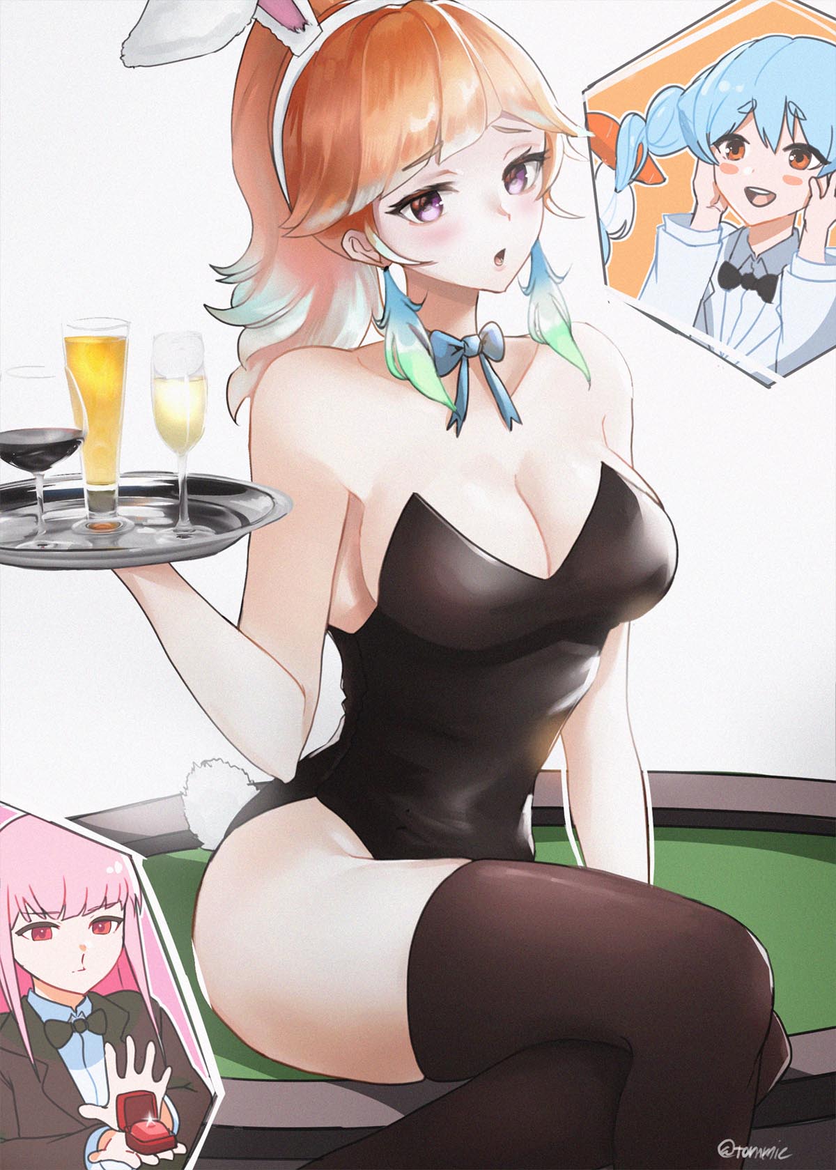 2021 3girls alcohol artist_name beer black_clothing black_leotard blood blue_hair blush bow bowtie braid breasts brown_eyes bunny_ears bunny_girl bunnysuit carrot_hair_ornament casino_card_table champagne cleavage clothed clothing cup drink embarrassed eyebrows_visible_through_hair fake_animal_ears fake_tail female female_only glass gradient_hair green_hair hair_ornament hairband hands_on_head highres hime_cut holding_object holding_tray hololive hololive_english hololive_fantasy hololive_japan hololive_myth leotard long_hair looking_at_viewer marriage_proposal matching_hair/eyes medium_breasts mori_calliope multicolored_hair multiple_girls nosebleed open_mouth orange_hair pink_eyes pink_hair plate ring signature sitting sitting_on_table suit takanashi_kiara teeth thick_thighs thighhighs thighs tied_hair tommietomm tongue tray twin_braids twintails two_tone_hair usada_pekora virtual_youtuber wedding_ring white_clothing wine wine_glass yuri zettai_ryouiki