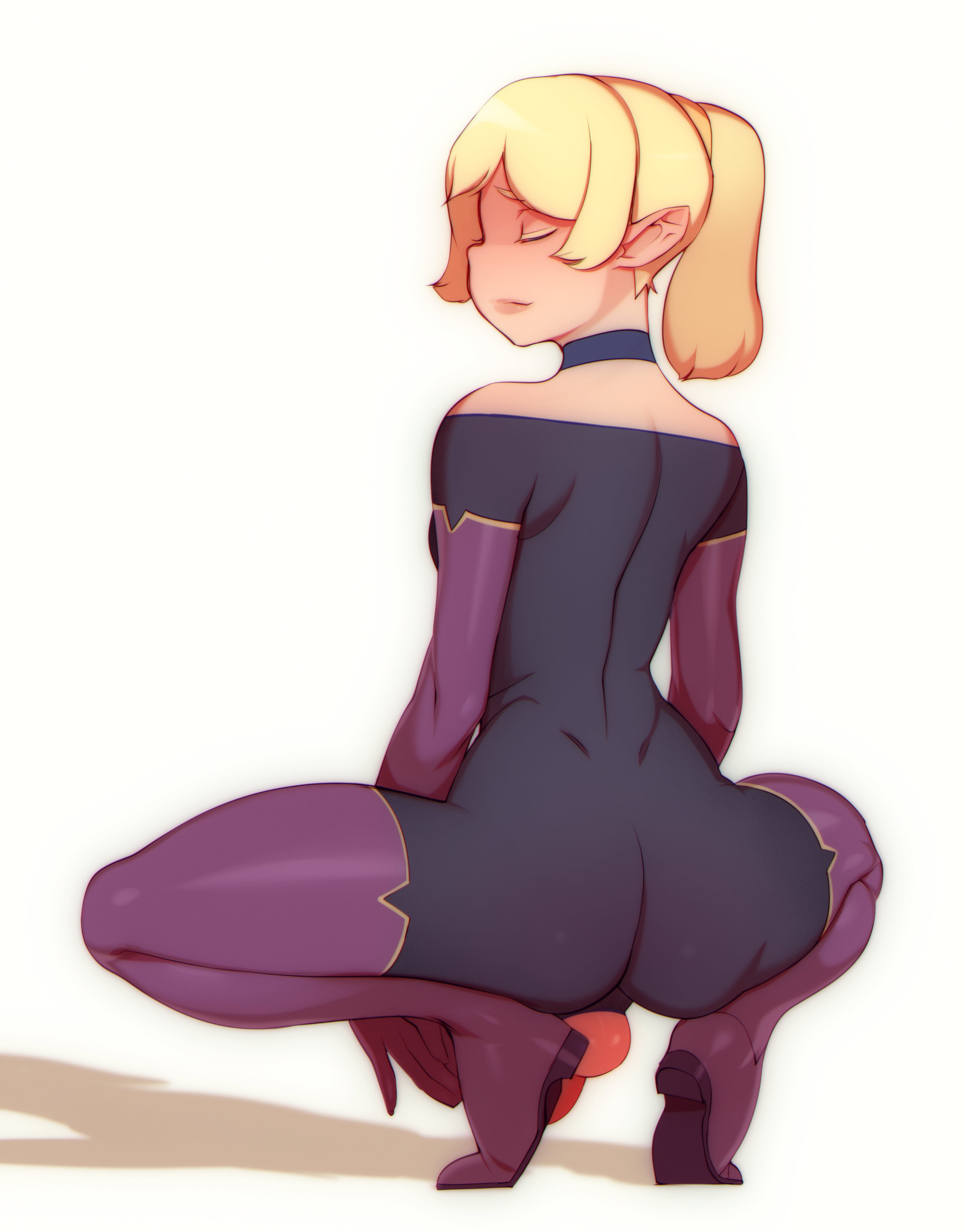 1boy, absurdres, androgynous, ass, balls, doxy, elf, erection, femboy, girly, highres, male, male only, spread legs, squatting, strap-on, strapon, testicles, trap