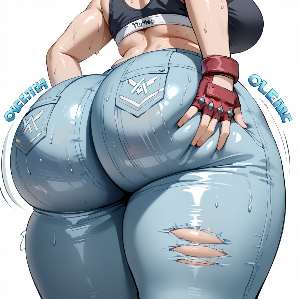 1girls ai_generated ass_focus bottom_heavy bottom_view female_only huge_ass jeans ripped_clothing thick_thighs viewed_from_below