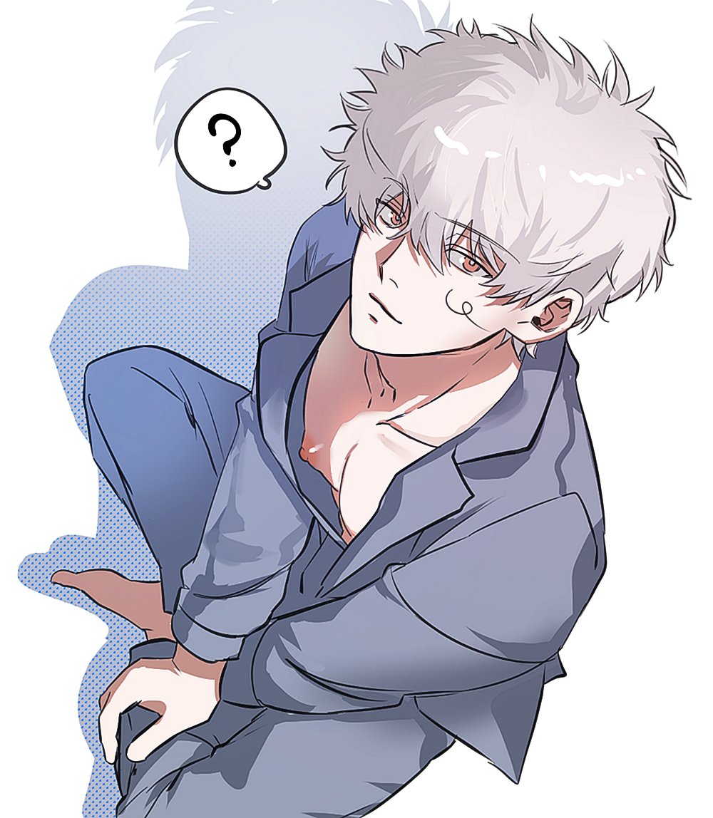 ? gintama gintoki_sakata gtk4_r4 high-angle_view looking_at_viewer looking_up male male_only nipple_slip nipples pale-skinned_male pale_skin sitting smile solo suit white_hair