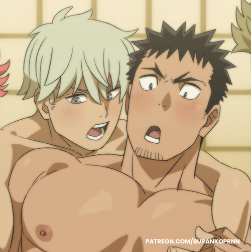 2boys black_hair burankoprn cropped cropped_image gay ichikawa_reno kafka_hibino kaiju_no.8 male male_only nipples no_visible_genitalia patreon_link patreon_url yaoi