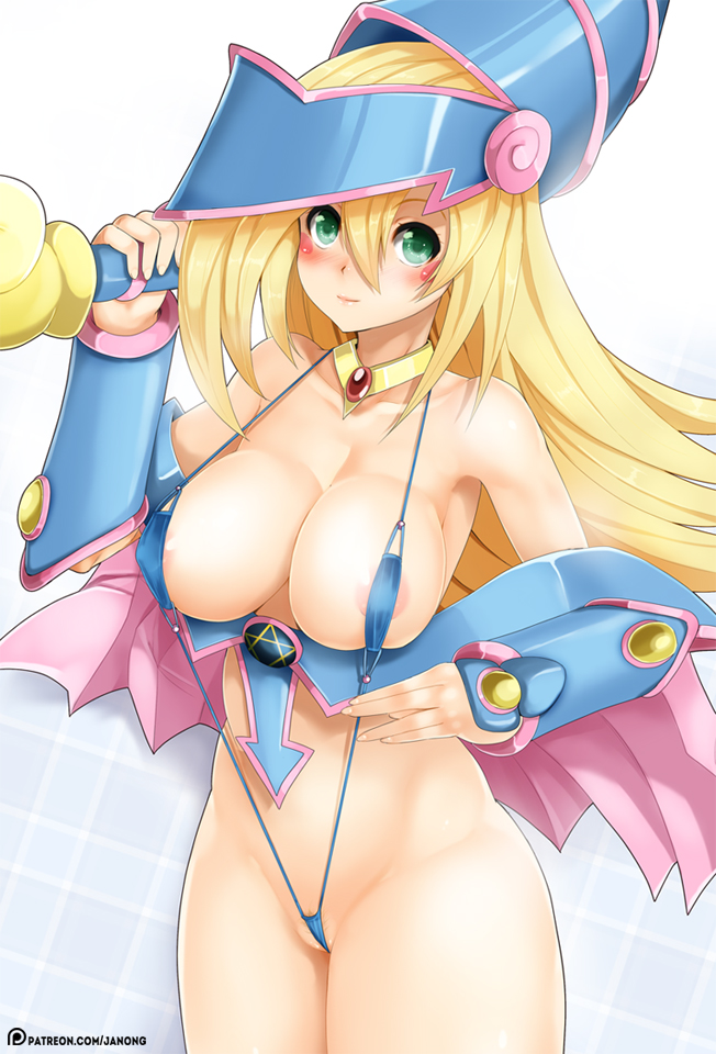 areola slip, areolae, bare shoulders, between labia, bikini, blonde hair, blush, blush stickers, breasts, cape, dark magician girl, directional arrow, erect nipples, female, gradient background, green eyes, innie pussy, janong, large breasts, light smile, long hair, looking at viewer, nipples, patreon, pussy, sling bikini, smile, solo, swimsuit, thighs, wizard hat, yu-gi-oh!