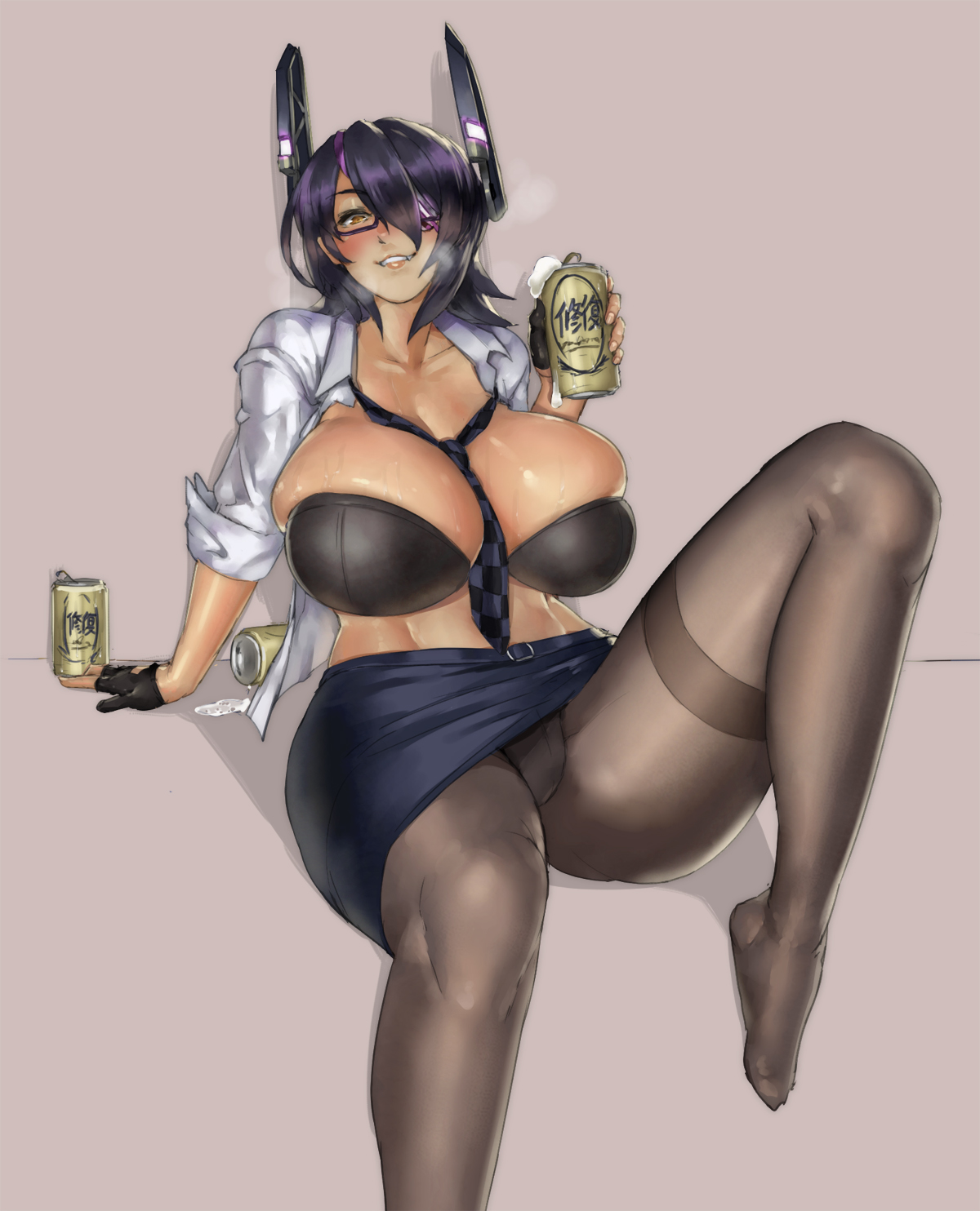 beer, black hair, bra, breasts, cleavage, eu03, female, fingerless gloves, glasses, gloves, huge breasts, kantai collection, open clothes, open shirt, pantyhose, shirt, short hair, sitting, skirt, smile, solo, tenryuu (kantai collection), yellow eyes