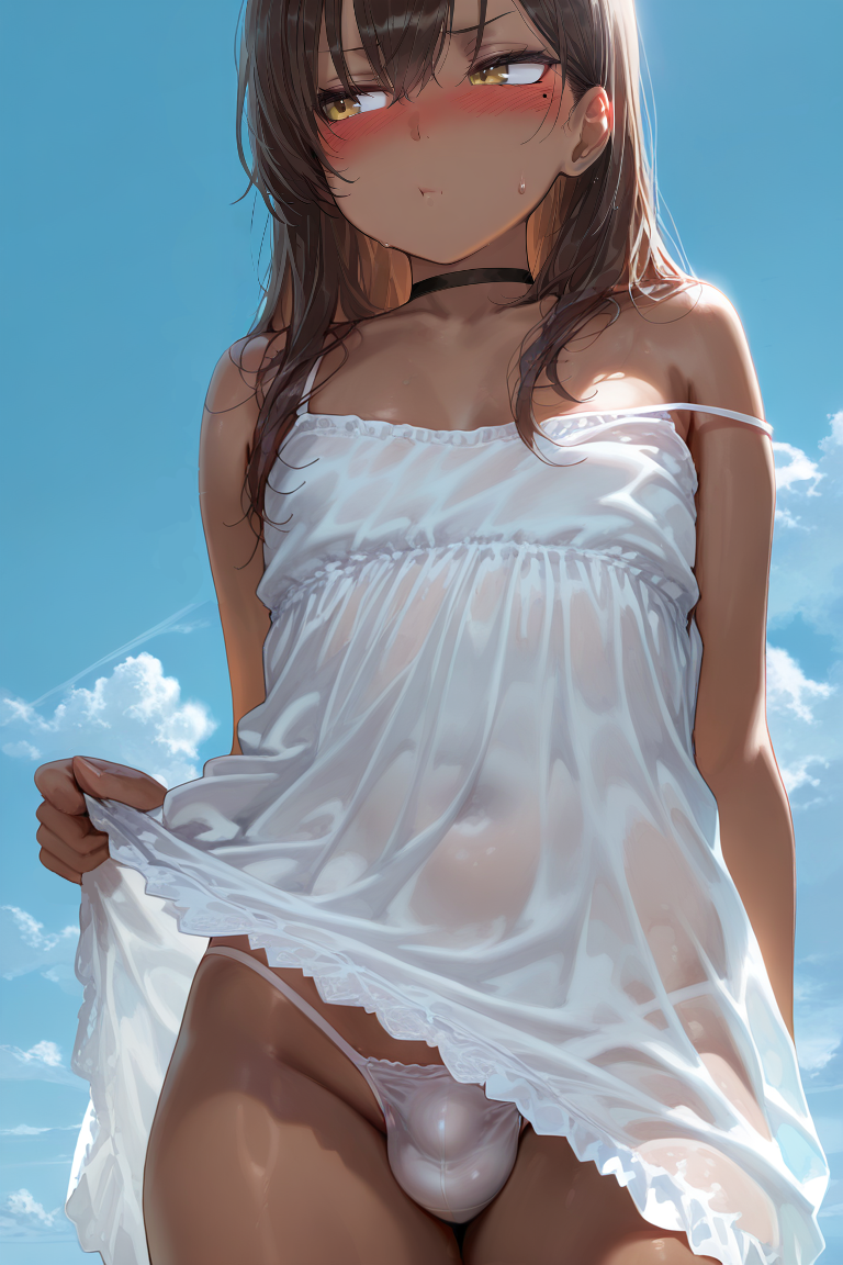 1boy ai_generated blush bulge choker clouds curvy dark_skin dress_lift femboy gomes looking_away male micro_panties mole_under_eye original pouting see-through_clothing self_upload sky solo strap_slip sweatdrop white_dress white_panties