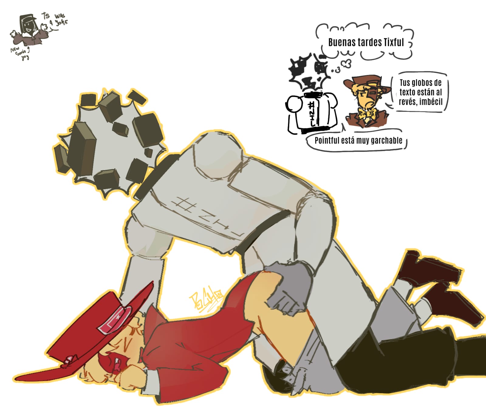 clanker, clothed, clothed sex, clothing, die of death (roblox), doggy style, fucked from behind, fucked into submission, gay anal, gay domination, gay male, gay sex, orgasm face, pochoclos, roblox, roblox game, robloxian, robot humanoid, robot on human, side view, spanish text, speech bubble, submissive, tagme (character), text, thought bubble, tixful (die of death)