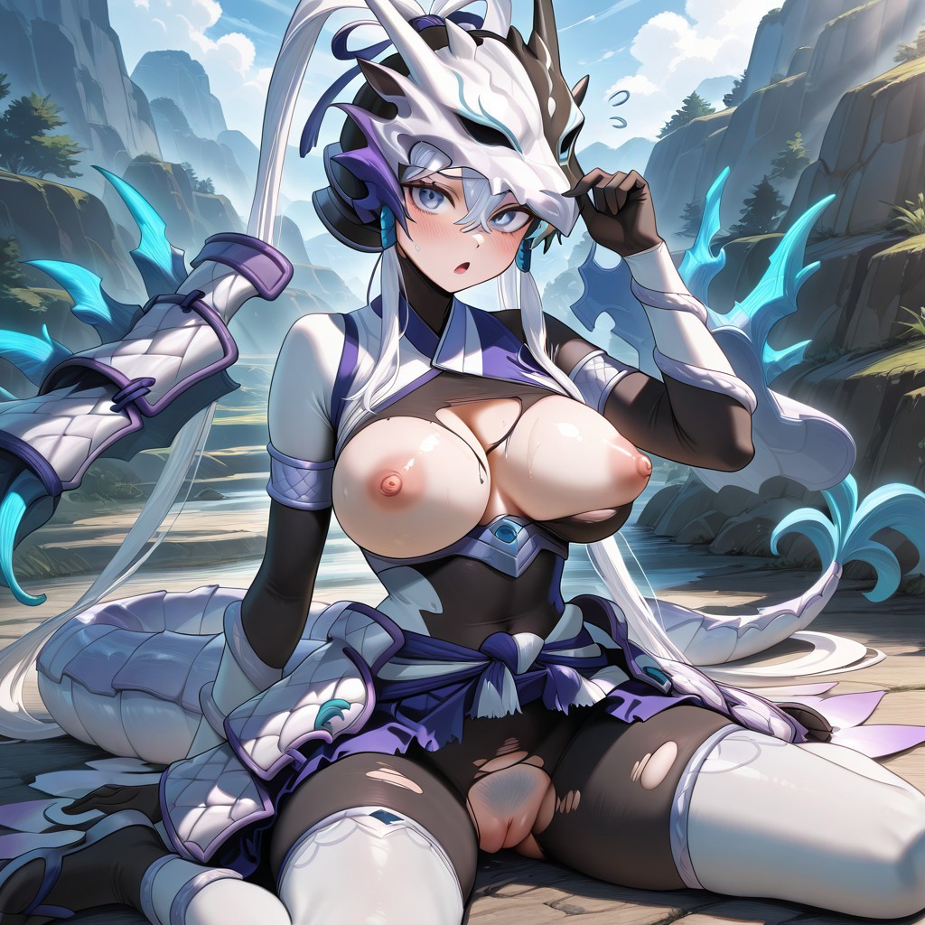 1girls ai_generated blue_eyes breasts breasts_out dragon_girl dragon_tail exposed exposed_breasts exposed_pussy female female_focus female_only helmet kneeling_position large_breasts legs legs_apart legs_spread long_hair looking_at_viewer nipples pubic_hair purple_skirt pussy pussy_lips sitting sitting_on_ground skirt solo solo_female solo_focus spread_legs spreading sweat sweating swordsoul_of_mo_ye tail thick thick_thighs thighhighs thighs torn_bodysuit torn_clothes torn_clothing torn_legwear twintails very_long_hair white_hair white_pubic_hair worried worried_expression yu-gi-oh!