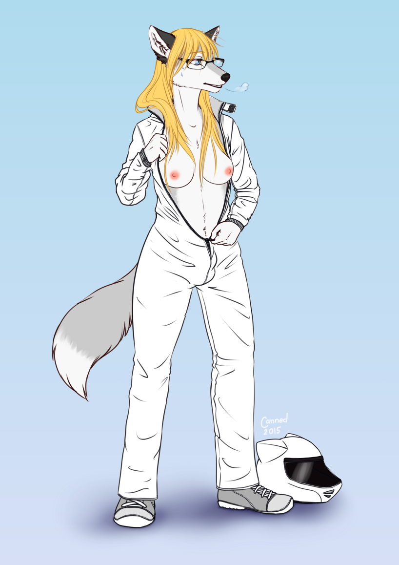 1futa 2015 anthro areolae ball_bulge balls balls_under_clothes black_nose blonde_hair blue_background blue_eyes breasts breathing bulge canine canned_(artist) clothed clothing erect_nipples eyewear flaccid fur futa_only futanari glasses gradient_background grey_fur hair headgear helmet intersex jumpsuit mammal medium_breasts navel nipples partially_clothed penis penis_bulge penis_under_clothes pink_nipples simple_background solo standing the_stig top_gear undressing wolf