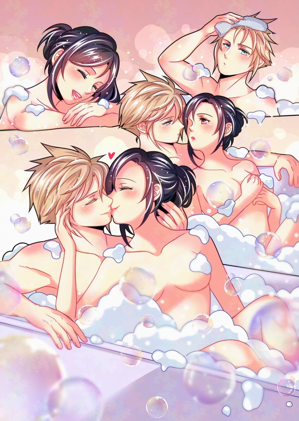 1boy 1boy1girl 1girls 2d babigonice bath bathing bathing_together bathtub black_hair blonde_hair blue_eyes blush breasts bubble_bath closed_eyes cloud_strife color completely_nude convenient_censoring depth_of_field final_fantasy final_fantasy_vii hair_bun half-closed_eyes hand_on_another's_face hand_on_another's_head heart kissing lipstick looking_at_another looking_at_partner partially_submerged pink_lipstick red_eyes relaxing romantic romantic_couple sitting smile soap soap_bubbles soap_censor spiky_hair staring straight tied_hair tifa_lockhart toned toned_male towel towel_on_head wholesome