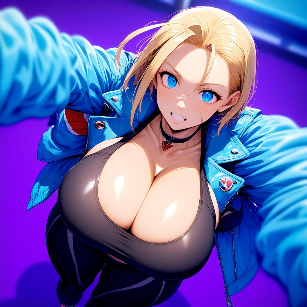 abs ai_generated big_breasts blonde_hair blue_eyes breasts cammy_white cleavage gigantic_breasts huge_breasts large_breasts light-skinned_female light_skin massive_breasts midriff minmin short_hair street_fighter tight_ tight_clothing