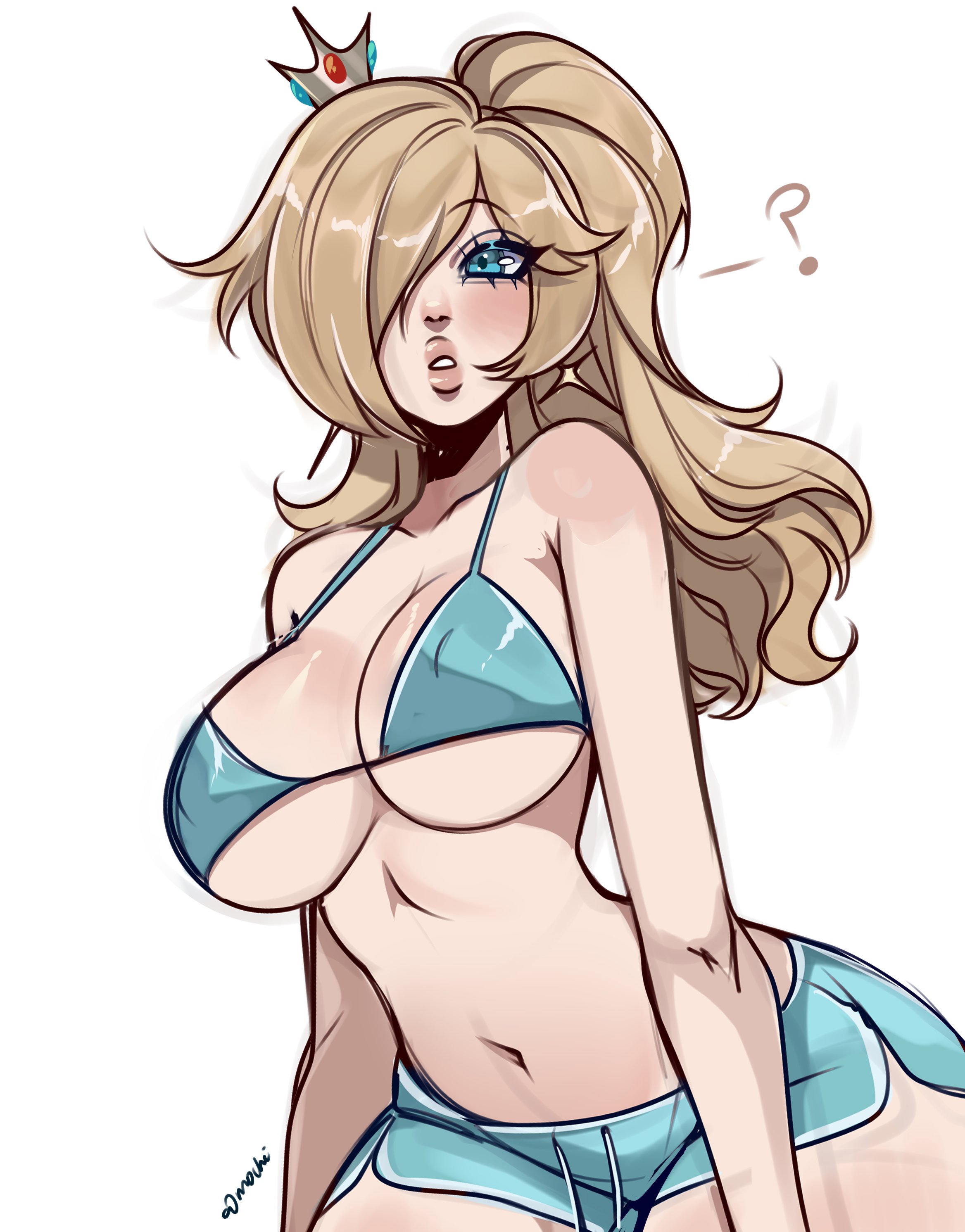 1girls, breasts, female, female only, hair over one eye, large breasts, light skin, light-skinned female, looking at viewer, mario (series), midriff, princess rosalina, rebthgin, thick thighs, thighs, white background, wide hips
