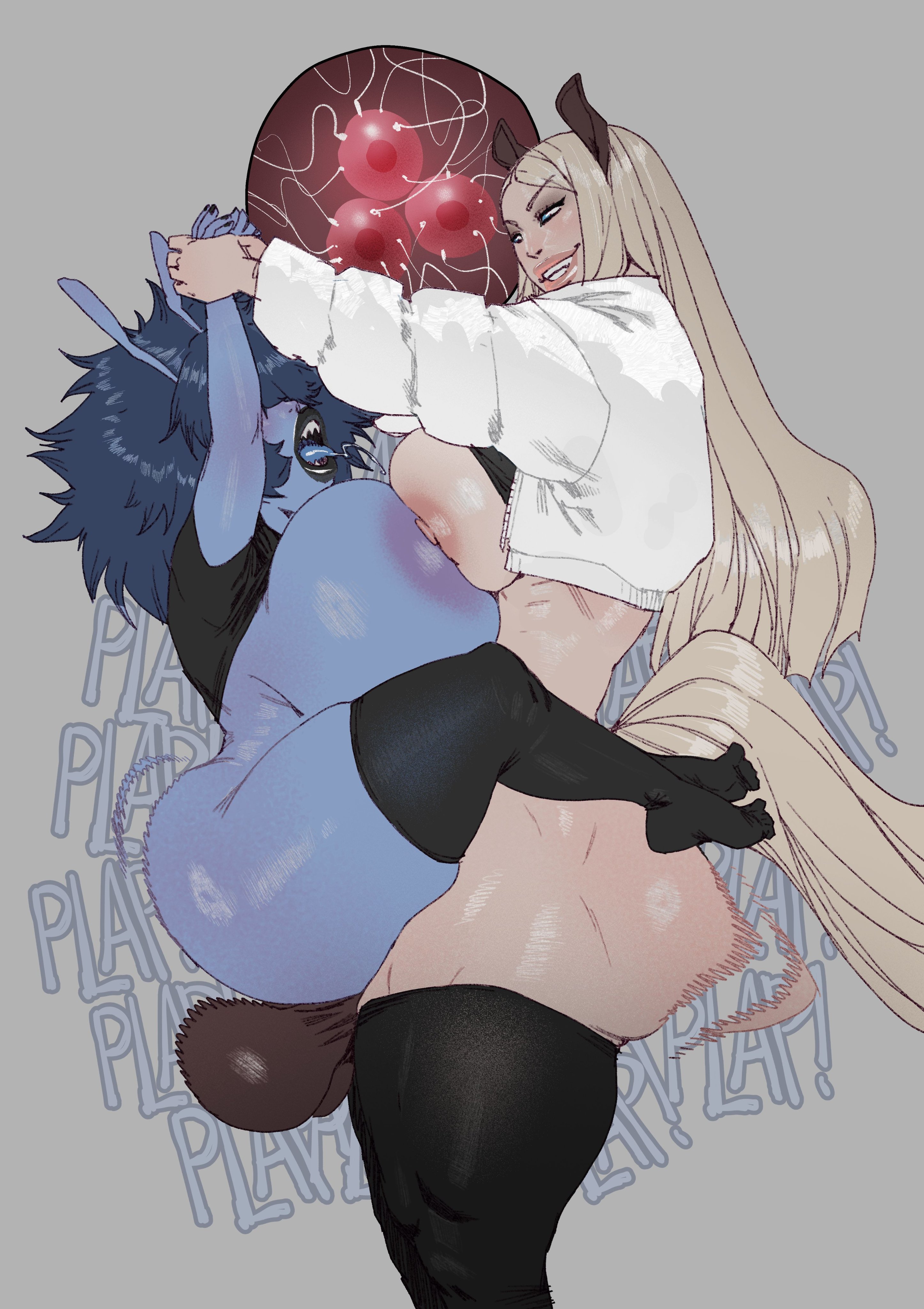 1futa, 1girls, ahe gao, animal humanoid, antennae, balls, blonde hair, blue eyes, breasts, darkened genitalia, dickgirl, female, futa is bigger, futa on female, futadom, futanari, hair over eyes, horse ears, horse girl, horse tail, huge breasts, humanoid, impregnation, intersex, jacket, large ass, large breasts, large thighs, lifted, lifting, lifting person, multiple impregnation, muscular thighs, nipples touching, ovum, penis, rough sex, sharp teeth, short hair, shortstack, slug, slug girl, slug humanoid, sperm cell, sperm meets ovum, standing sex, thighhighs, tortuga