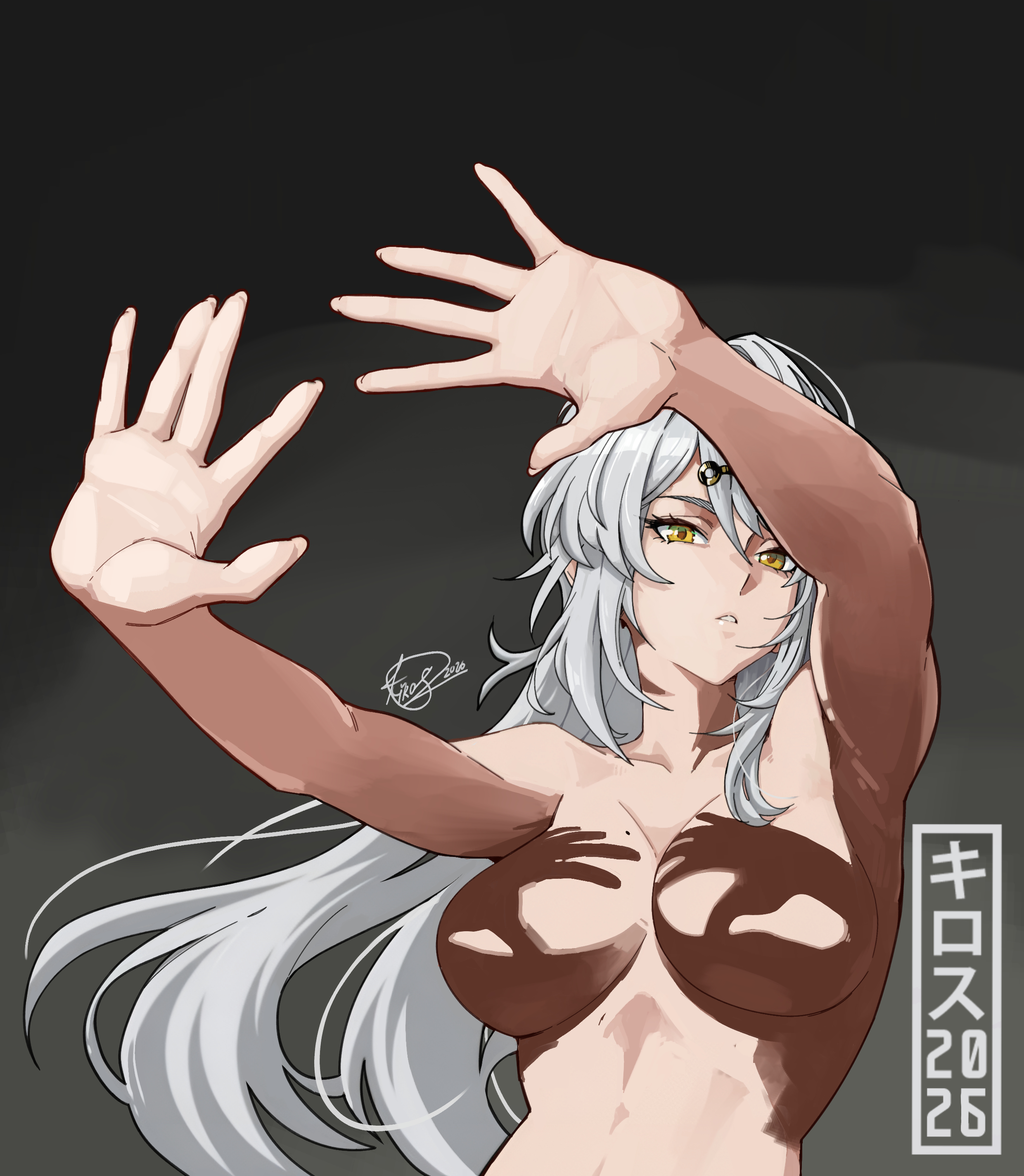 2d, 2d (artwork), big breasts, from below, hands casting shadow, kirostemple, nude, tagme, white hair, yellow eyes, yixuan (zenless zone zero), zenless zone zero