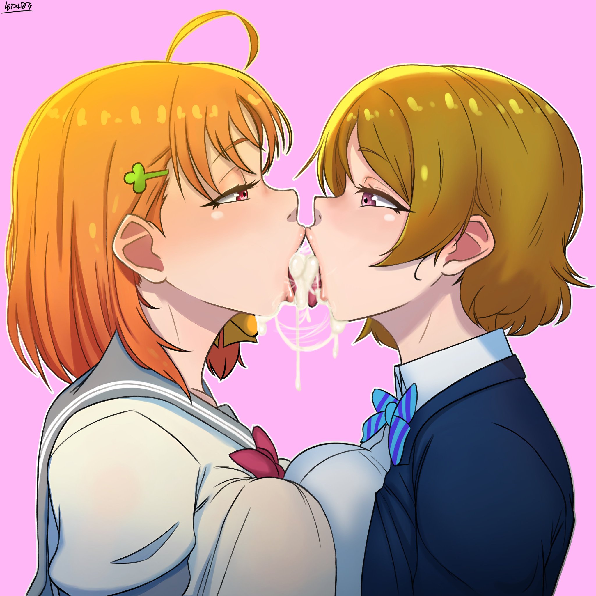 2girls, big breasts, breasts against breasts, cum, cum in mouth, cum kiss, koizumi hanayo, led103, love live!, love live! school idol project, love live! sunshine!!, rubbing breasts, sunrise (studio), takami chika, yuri