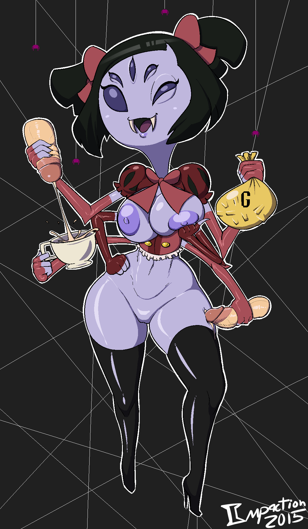 6 arms, anthro, arachnid, arthropod, big areola, big breasts, big nipples, black hair, black legwear, blue nipples, blue sclera, bottomless, breasts, cum, cumshot, disembodied penis, faceless male, fangs, female, feral, fingerless gloves, gloves, grey eyes, grey impact, grey skin, hair, hairbow, half-dressed, handjob, high heels, huge areolae, huge nipples, humanoid penis, male, money, muffet, multi arm, multi eye, multi limb, nipples, noseless, open mouth, orgasm, penis, pussy, sack, signature, smile, solo focus, spider, spider web, straight, tea cup, thighhighs, undertale, undertale (series)