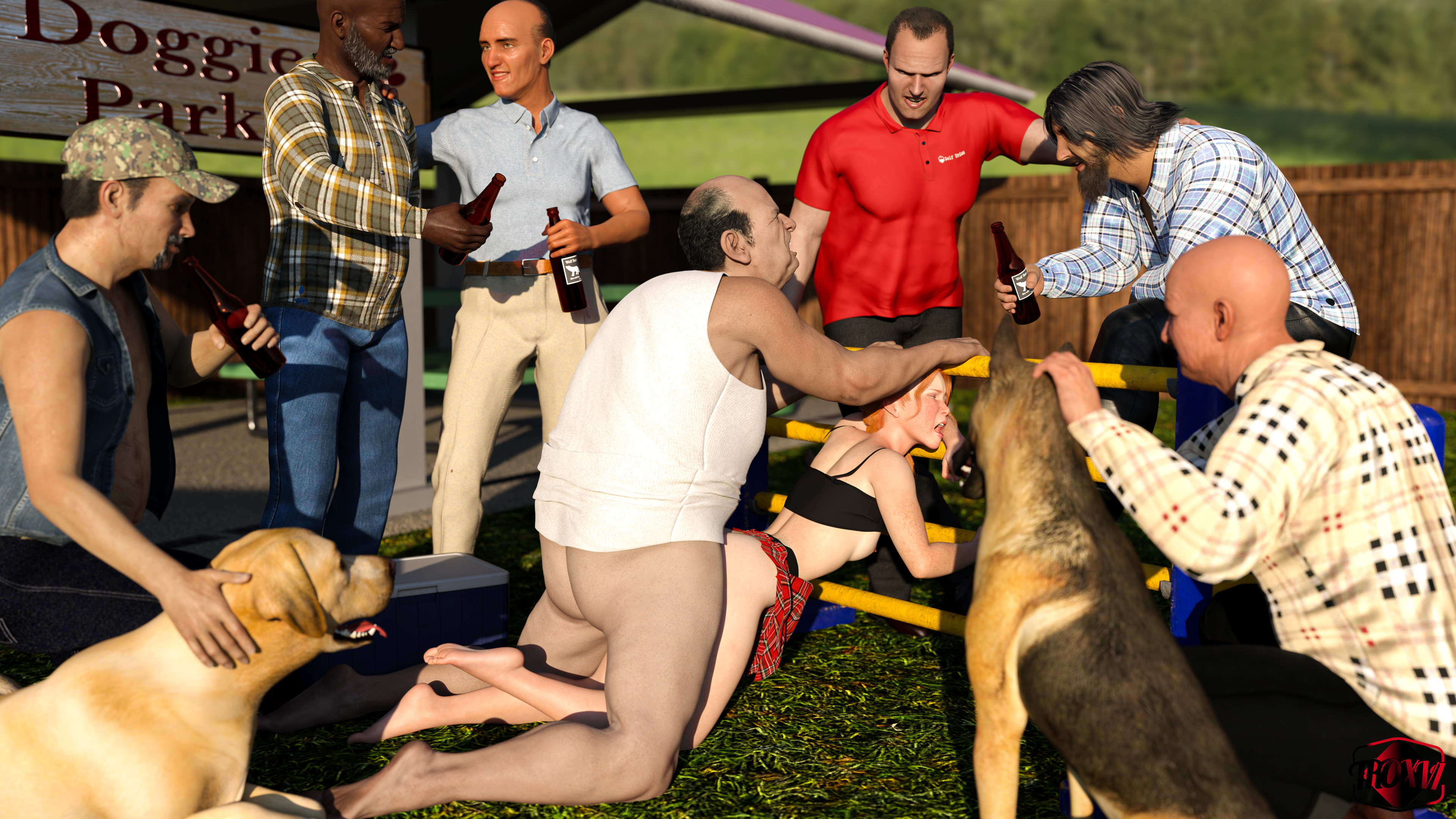 1girls, 3d, 6+boys, 7boys, age difference, ambiguous penetration, anal, bald, bald male, beer, beer bottle, being watched, bob (troxvi), breasts, breasts out, closed eyes, dark skin, dark-skinned male, dog, dog park, doggy style, earl (troxvi), elderly, elderly male, exhibitionism, eyes closed, fat male, father, father and son, female, freckles, fred (troxvi), ginger, ginger female, ginger hair, group, henry collins (troxvi), human, human only, implied sex, light skin, light-skinned female, light-skinned male, male, male penetrating, male penetrating female, multiple boys, nipples, no bra, no panties, old male, open mouth, original character, oswald collins (troxvi), outdoor nudity, outdoor sex, outdoors, outside, park, petite, petite body, petite female, public, public nudity, public sex, red hair, redhead, redhead female, rori collins (troxvi), self upload, sex, sheriff coleman (troxvi), shirt, shirt up, skirt, skirt up, small breasts, son, stepdaughter, stepfather, straight, straight sex, teenage female, teenage girl, teenager, troxvi, tucker (troxvi), ugly bastard, ugly man, vaginal penetration, watching, watching sex, young, young female, younger female