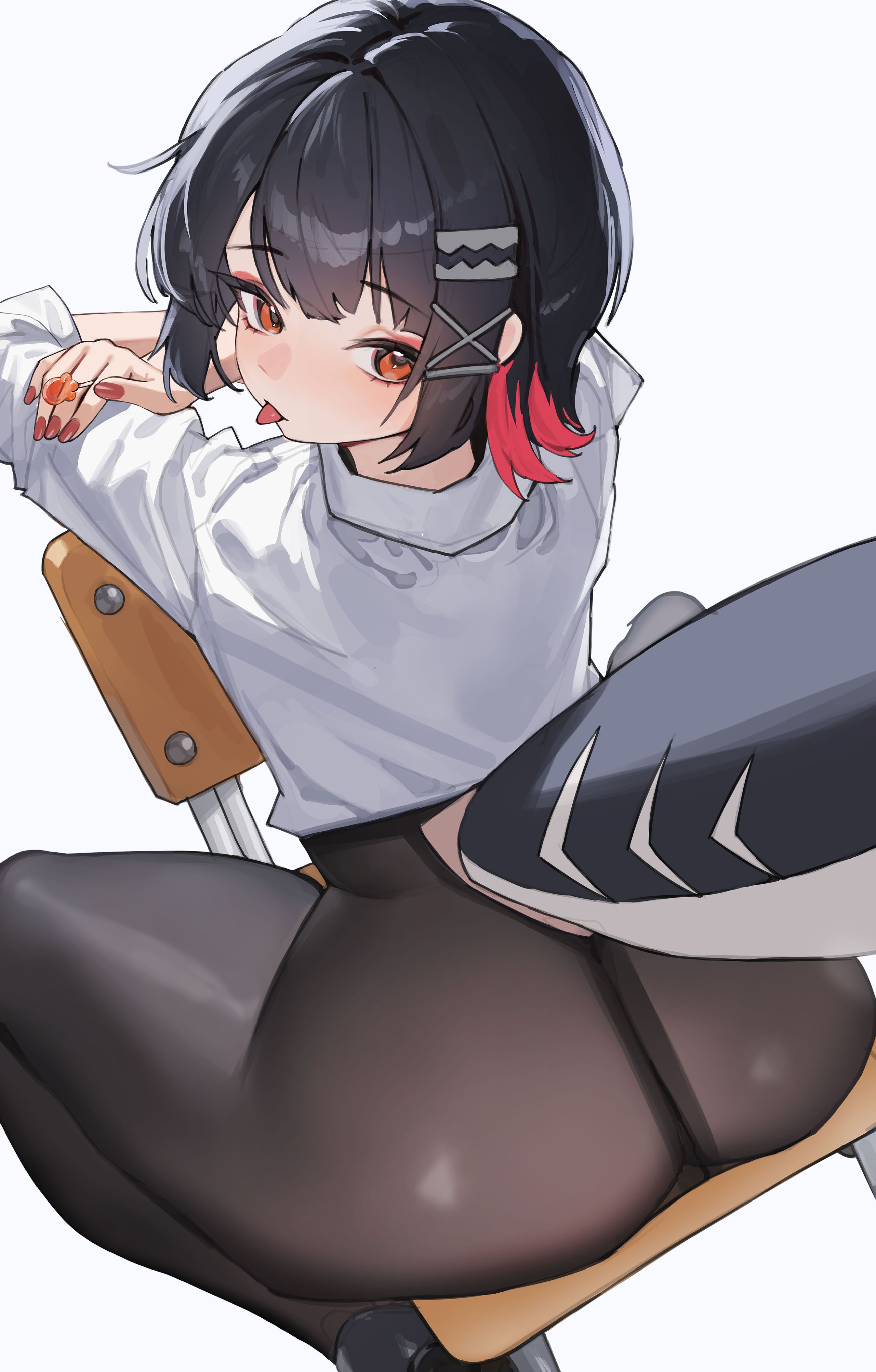1girl, absurdres, ass, black hair, black pantyhose, chair, colored nails, ellen joe, ellen joe (on campus), fins, fish tail, highres, looking at viewer, official alternate costume, on chair, painted nails, pantyhose, red eyes, red hair, red nails, shark girl, shark tail, shirt, short hair, simple background, sitting, sitting backwards, solo, tail, tongue, tongue out, tunamayo (dsasd751), white background, white shirt, zenless zone zero