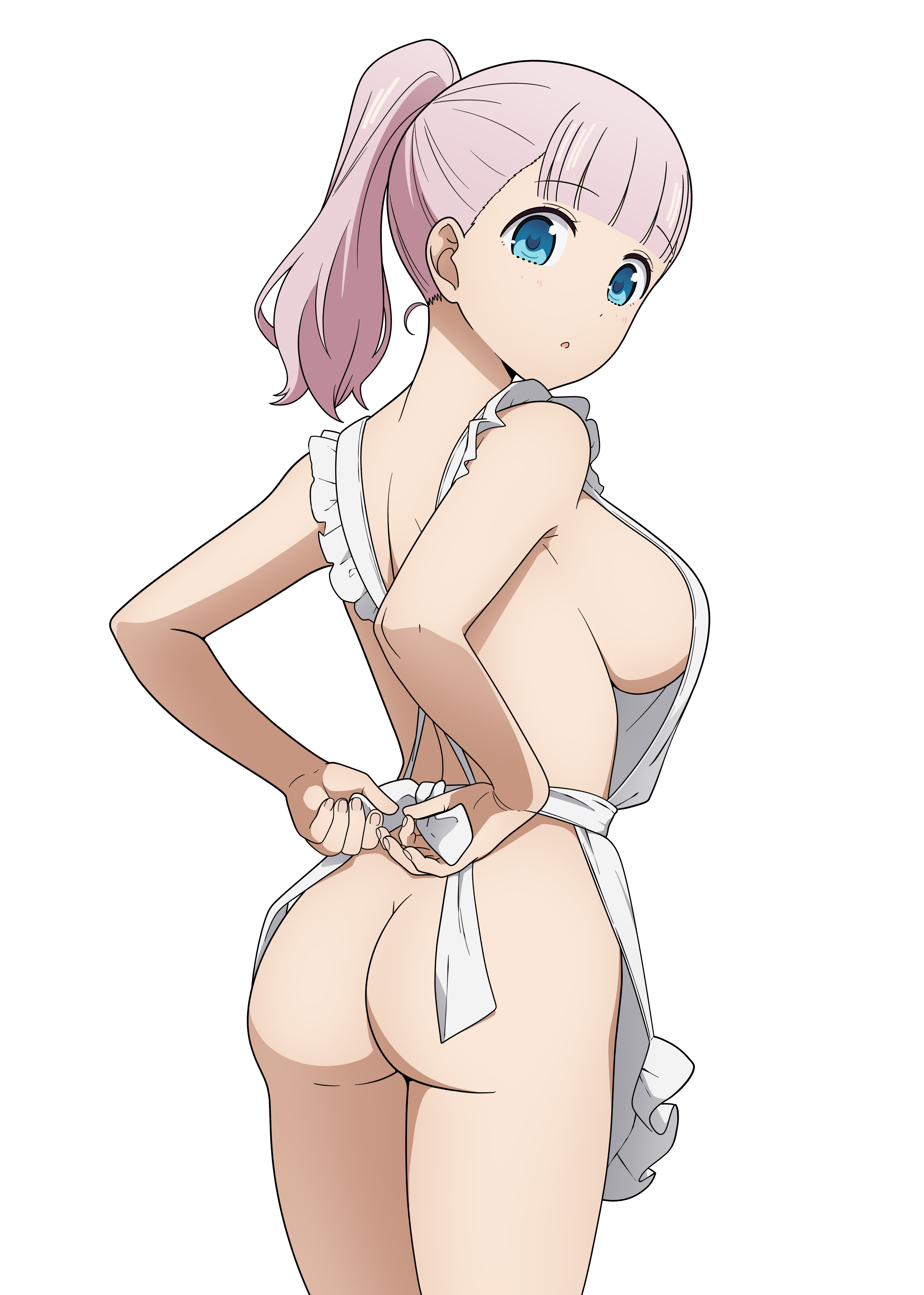 1girls, adjusting clothes, alternate hairstyle, apron, apron only, ass, big ass, big breasts, blue eyes, breasts, busty, coro fae, fat ass, female, female only, from behind, fujiwara chika, hair, kaguya-sama wa kokurasetai ~tensai-tachi no renai zunousen~, large breasts, legs, naked apron, pink hair, ponytail, sensual, sexy, side view, sideboob, solo, solo female, thighs, tied hair, voluptuous, white apron, white background