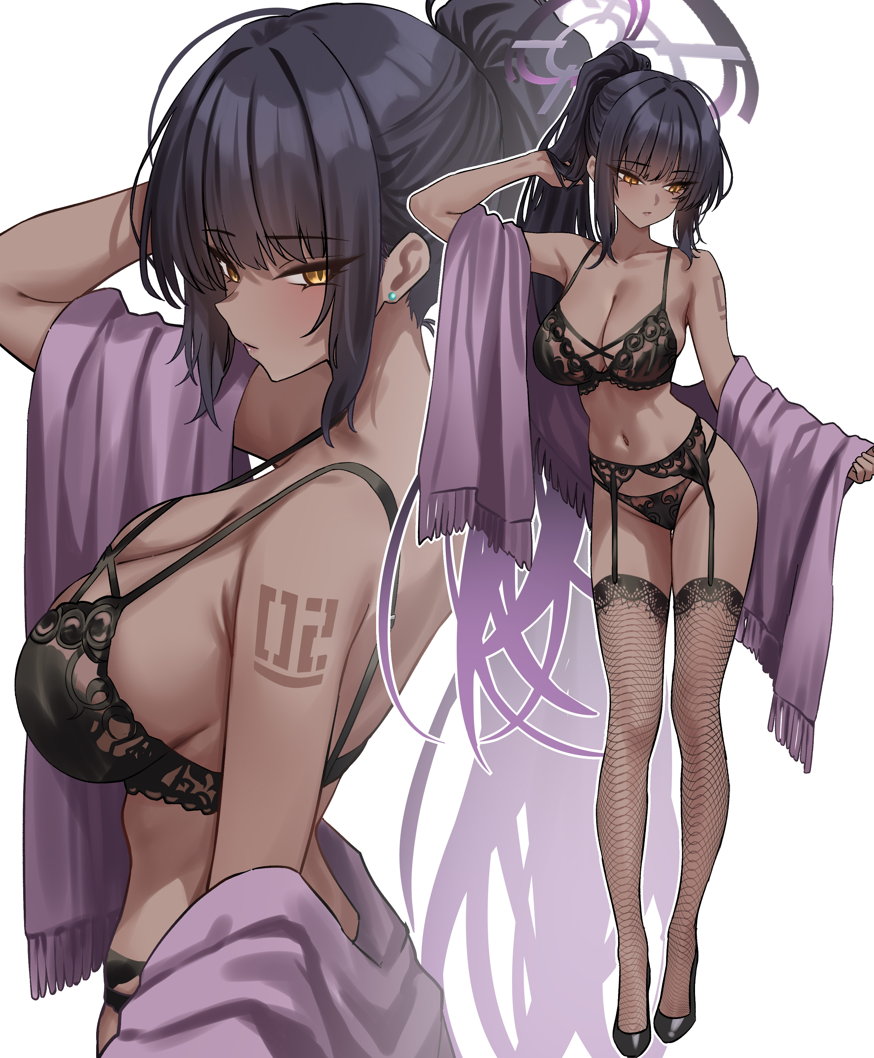1girl, absurdres, alternate costume, arm up, black bra, black garter belt, black hair, black panties, black shoes, black thighhighs, blue archive, blush, bra, breasts, cleavage, closed mouth, dark skin, dark-skinned female, earrings, fishnet thighhighs, fishnets, full body, garter belt, halo, highres, jewelry, karin (blue archive), large breasts, lingerie, long hair, looking at viewer, looking to the side, multicolored hair, multiple views, navel, panties, ponytail, purple hair, purple halo, shigure s, shoes, shoulder tattoo, sidelocks, simple background, solo, standing, stomach, stud earrings, tattoo, thighhighs, thighs, underwear, white background, yellow eyes
